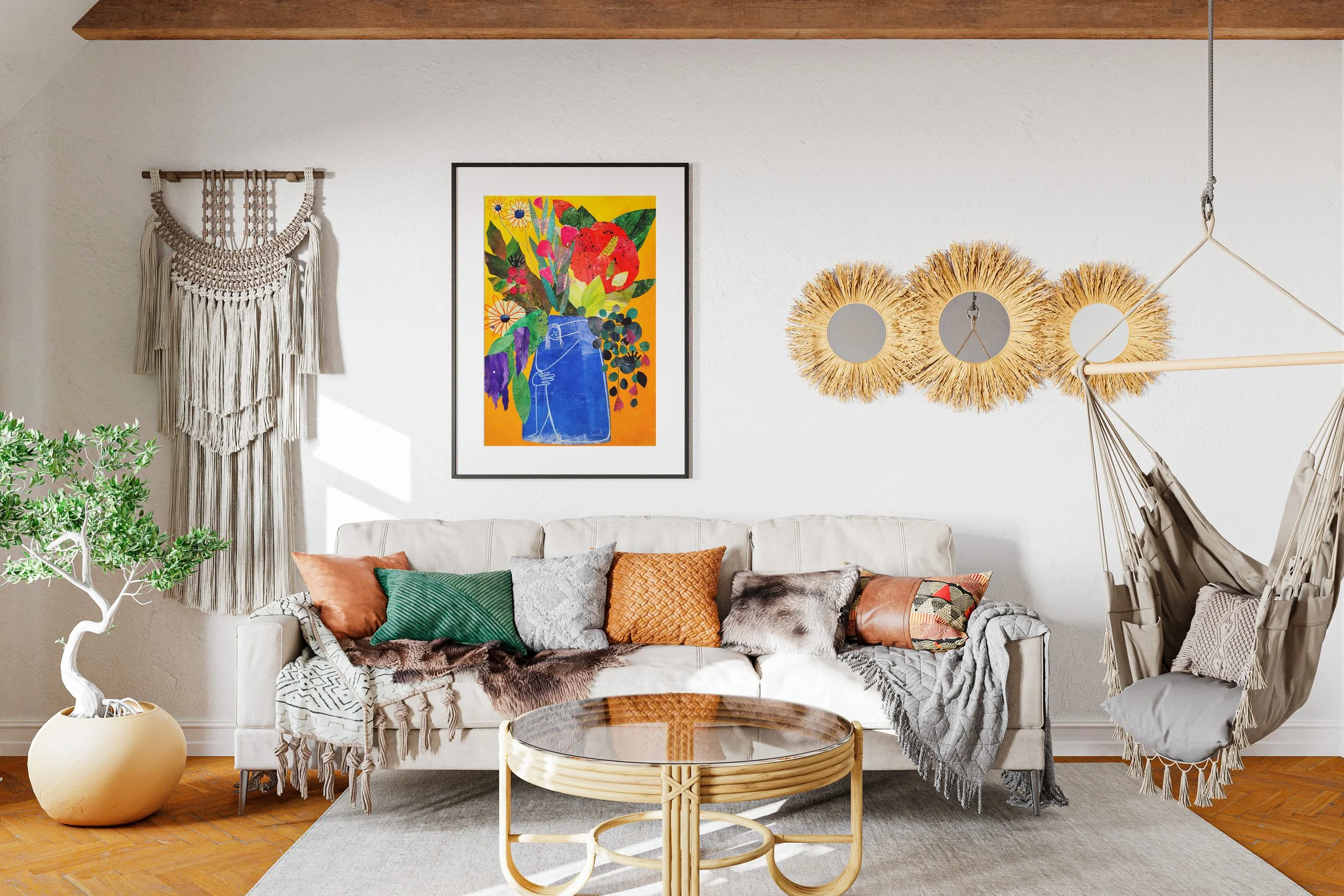 Living room with a beige sofa adorned with colorful pillows, a small round glass-top table, a hanging chair with a pillow, a potted plant, wall art, and wall decorations, all in natural lighting.