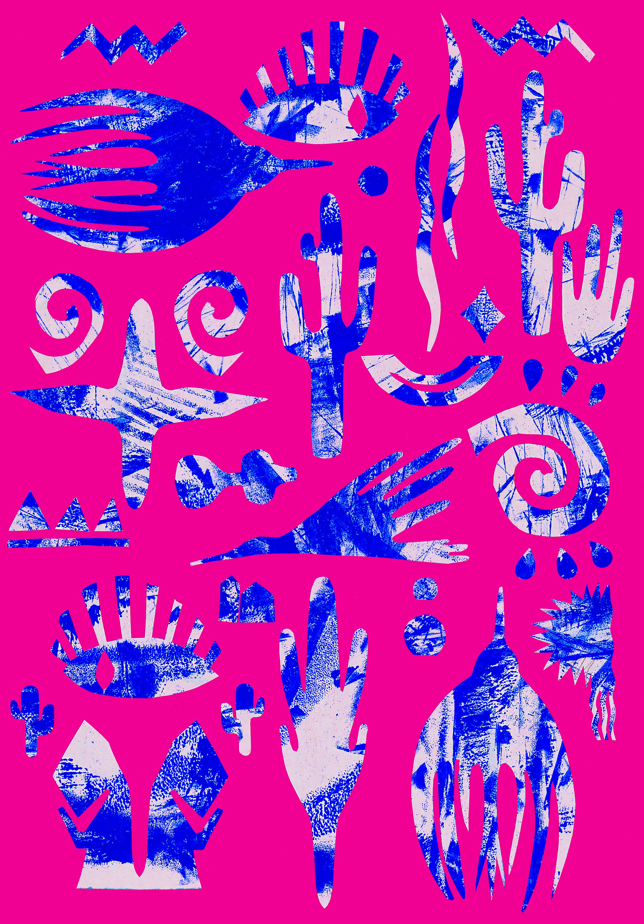 Colorful abstract digital artwork with blue and pink shapes resembling eyes, hands, birds, cacti, and other symbols on a bright pink background.