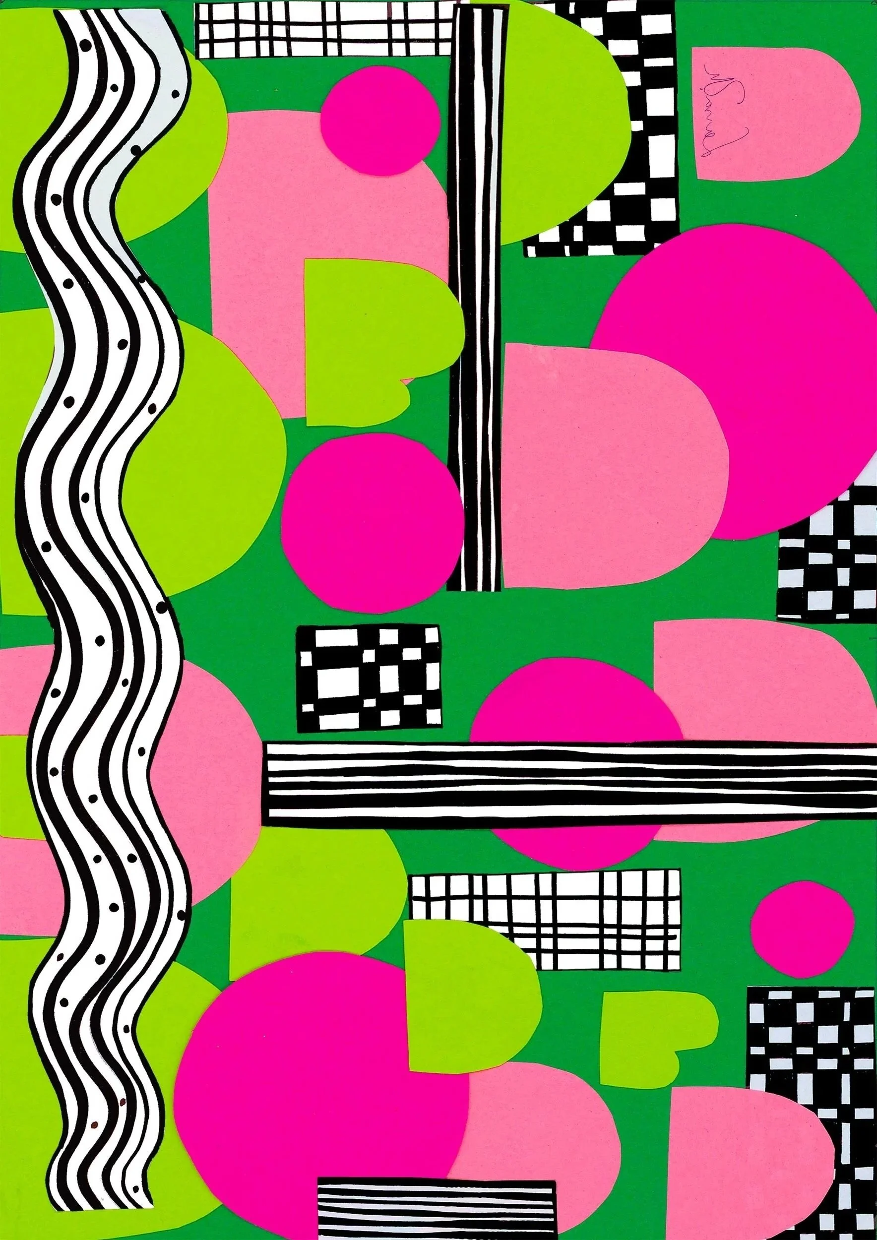 Colorful abstract artwork with green background, pink and lime green circles, black and white patterned shapes, and wavy black and white lines.