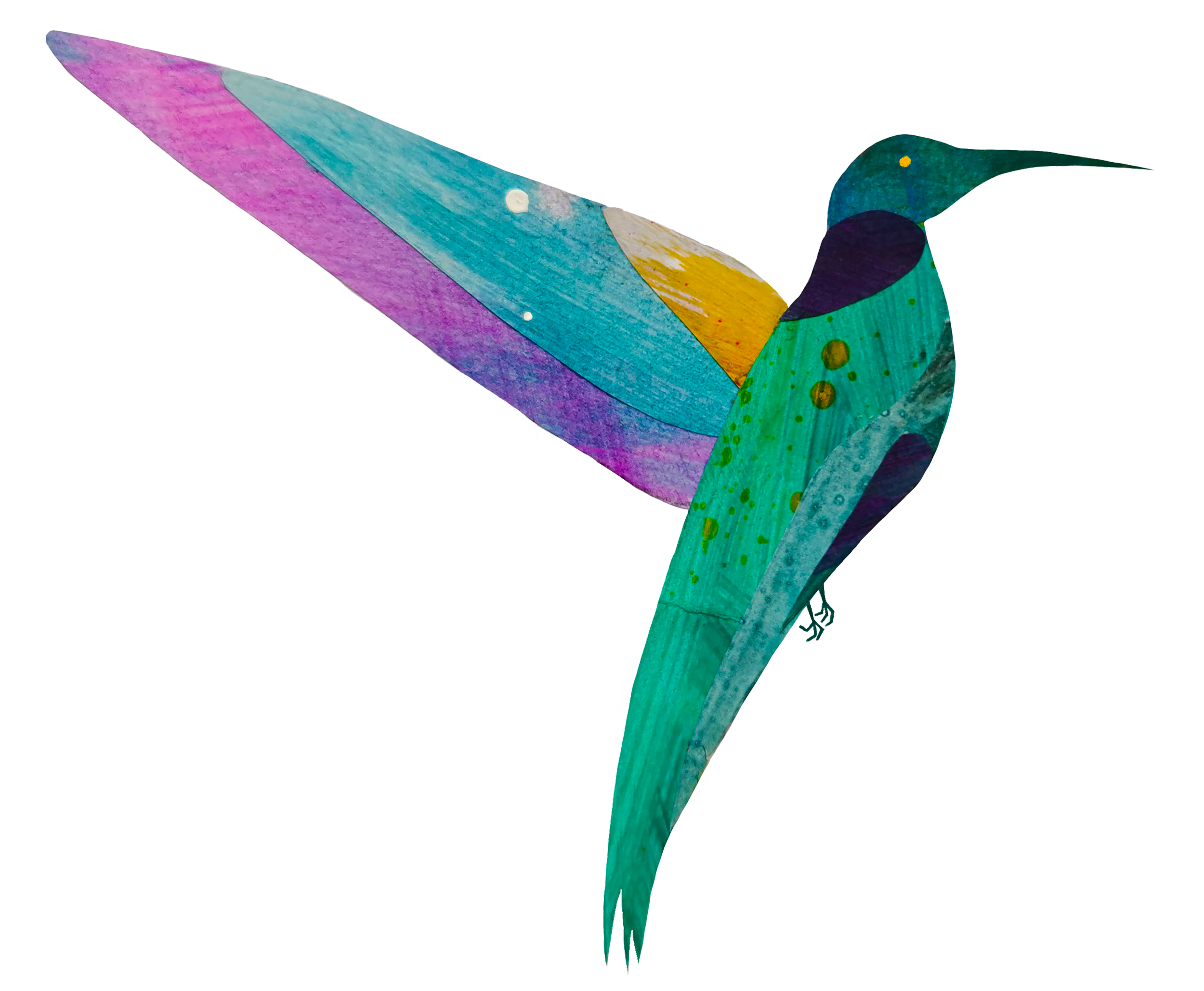 Colorful, abstract hummingbird artwork with vibrant, watercolor-like brushstrokes.