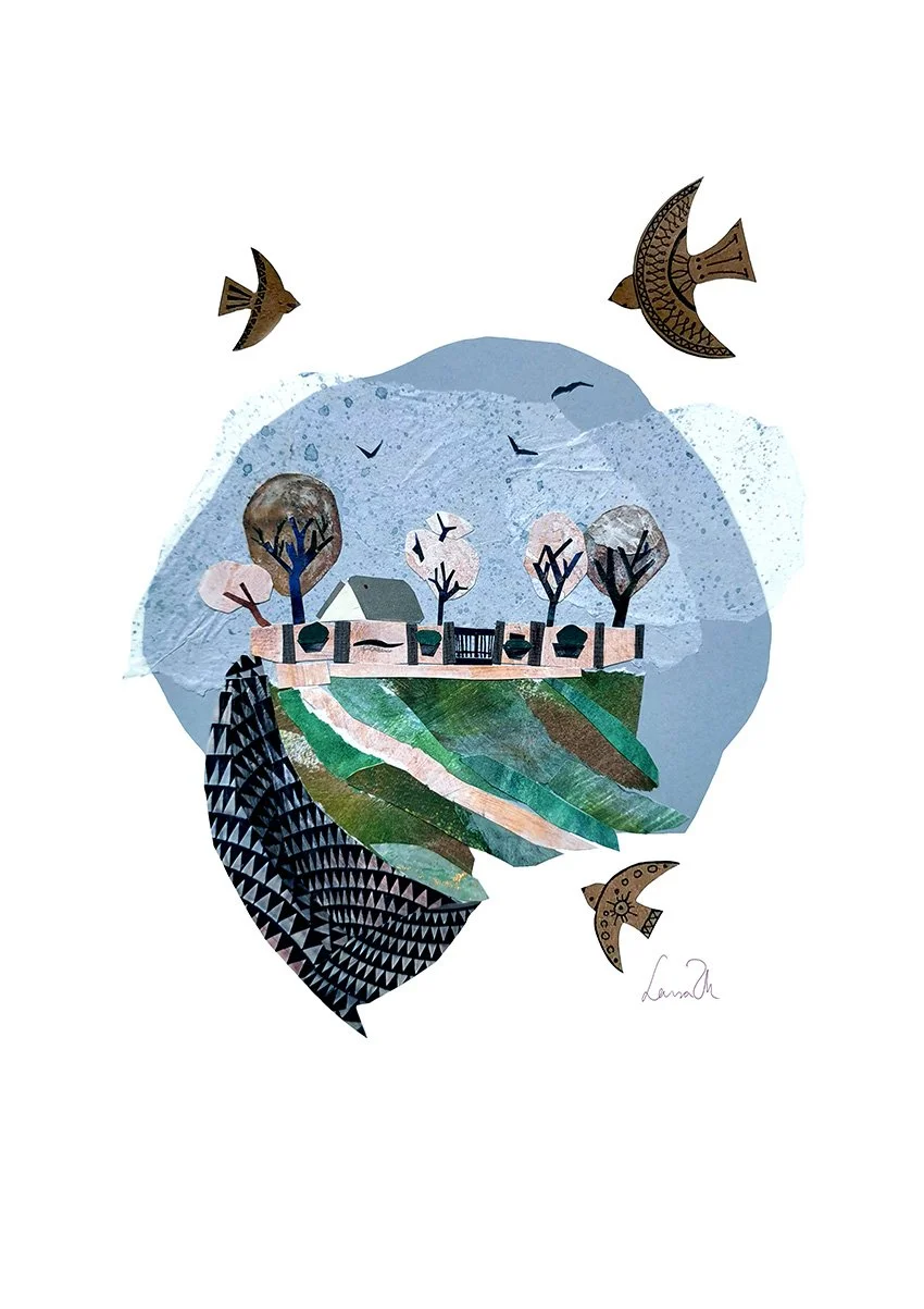 A collage of a rural, winter landscape of Balatonfüred with a closed bar, trees, and fields, surrounded by flying birds and decorative elements, in an abstract collage style.