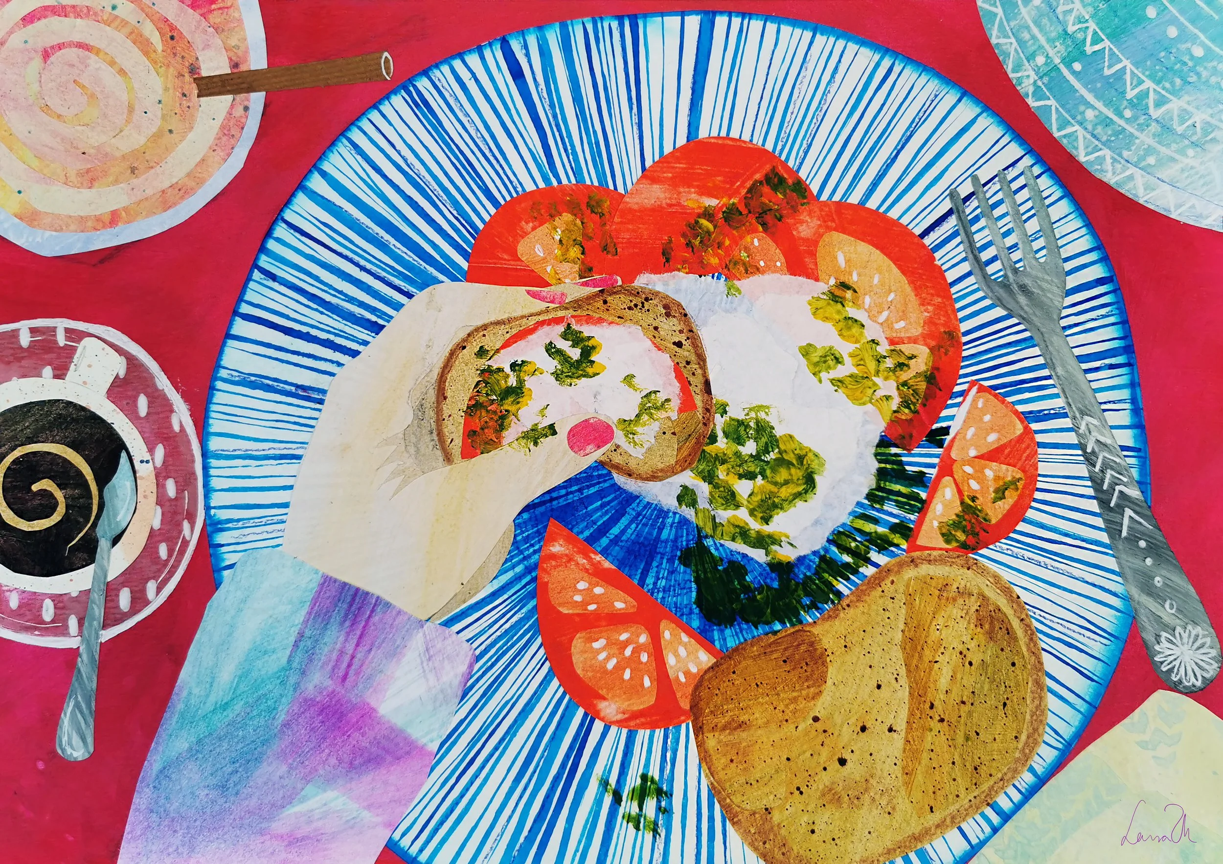 Illustration of a plate with toast, egg, and sliced tomatoes, surrounded by garnishes, on a red table with napkins and utensils.