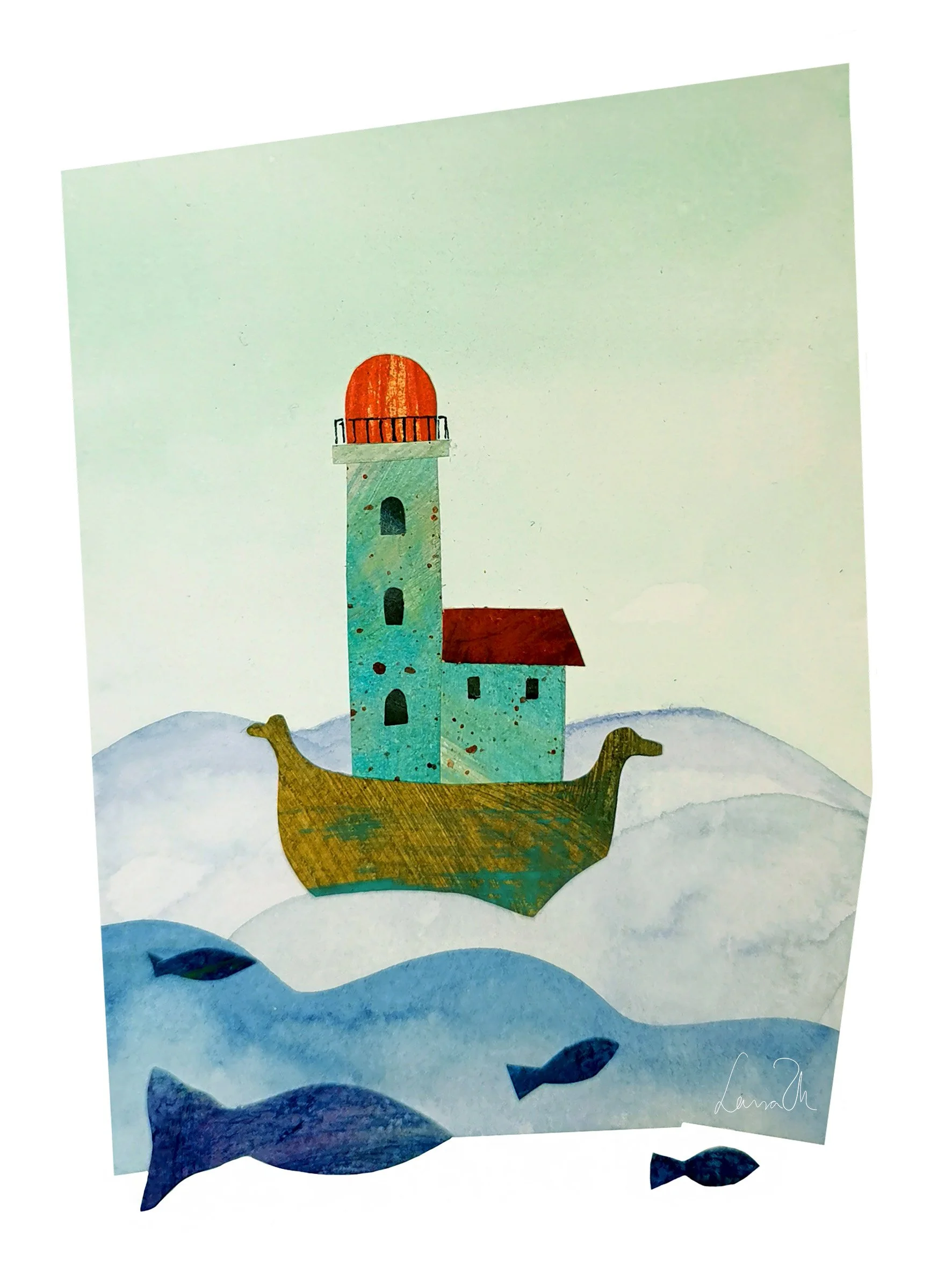 Illustration of a lighthouse with a red dome, atop a building with a red roof, on a small boat surrounded by blue water and fish.