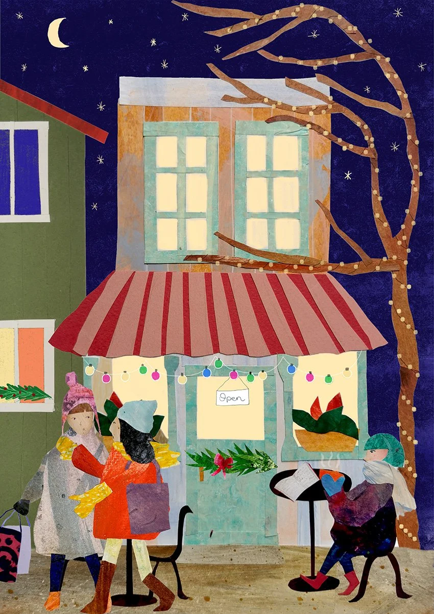 A festive winter scene of a small store decorated with colorful lights, surrounded by people in winter clothing, with a moon and stars in the night sky.