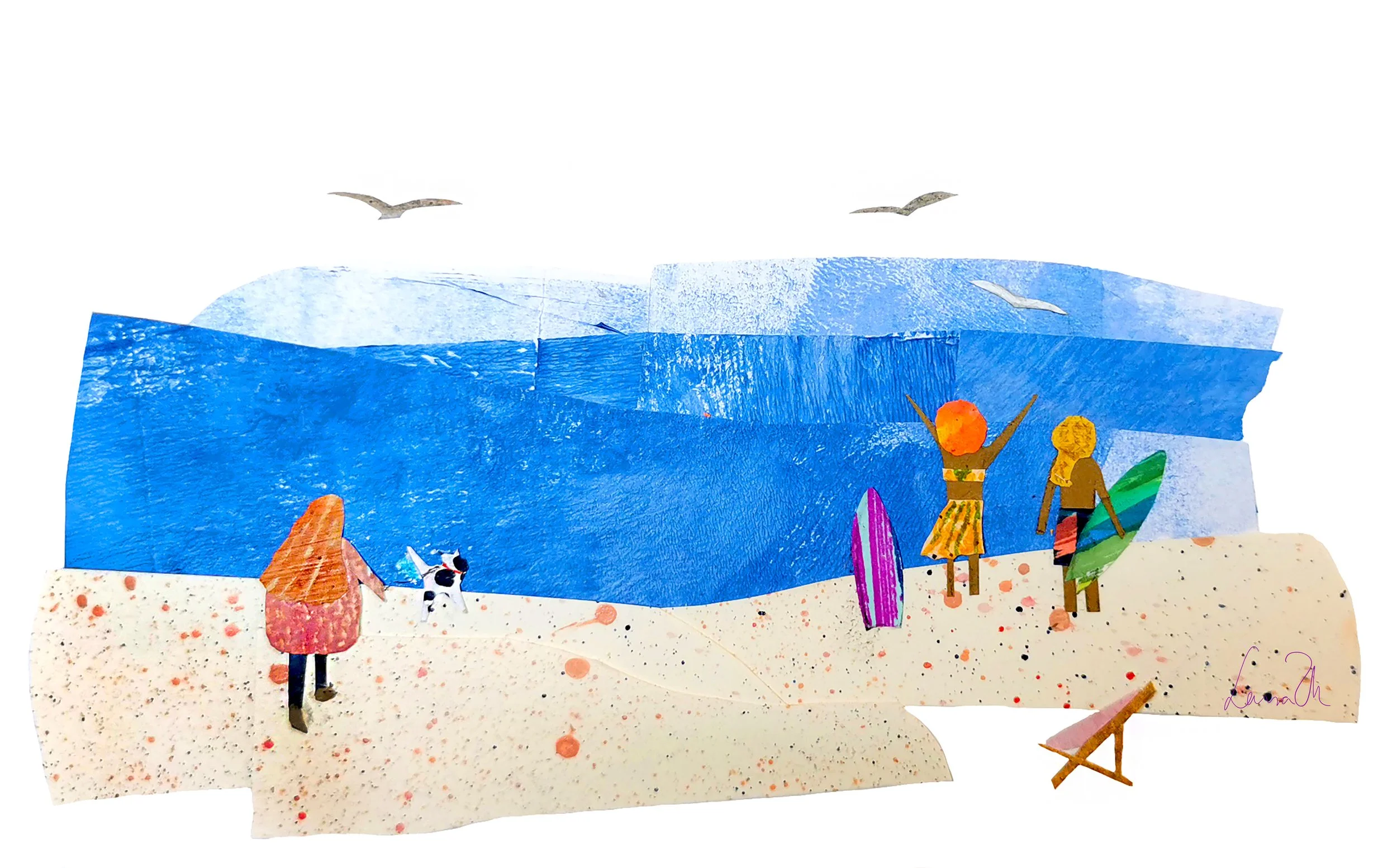 A collage-style illustration of a beach scene with two people holding surfboards, a dog, an orange sun, seagulls flying overhead, and a blue ocean and sky, all made with cut-out textured paper.