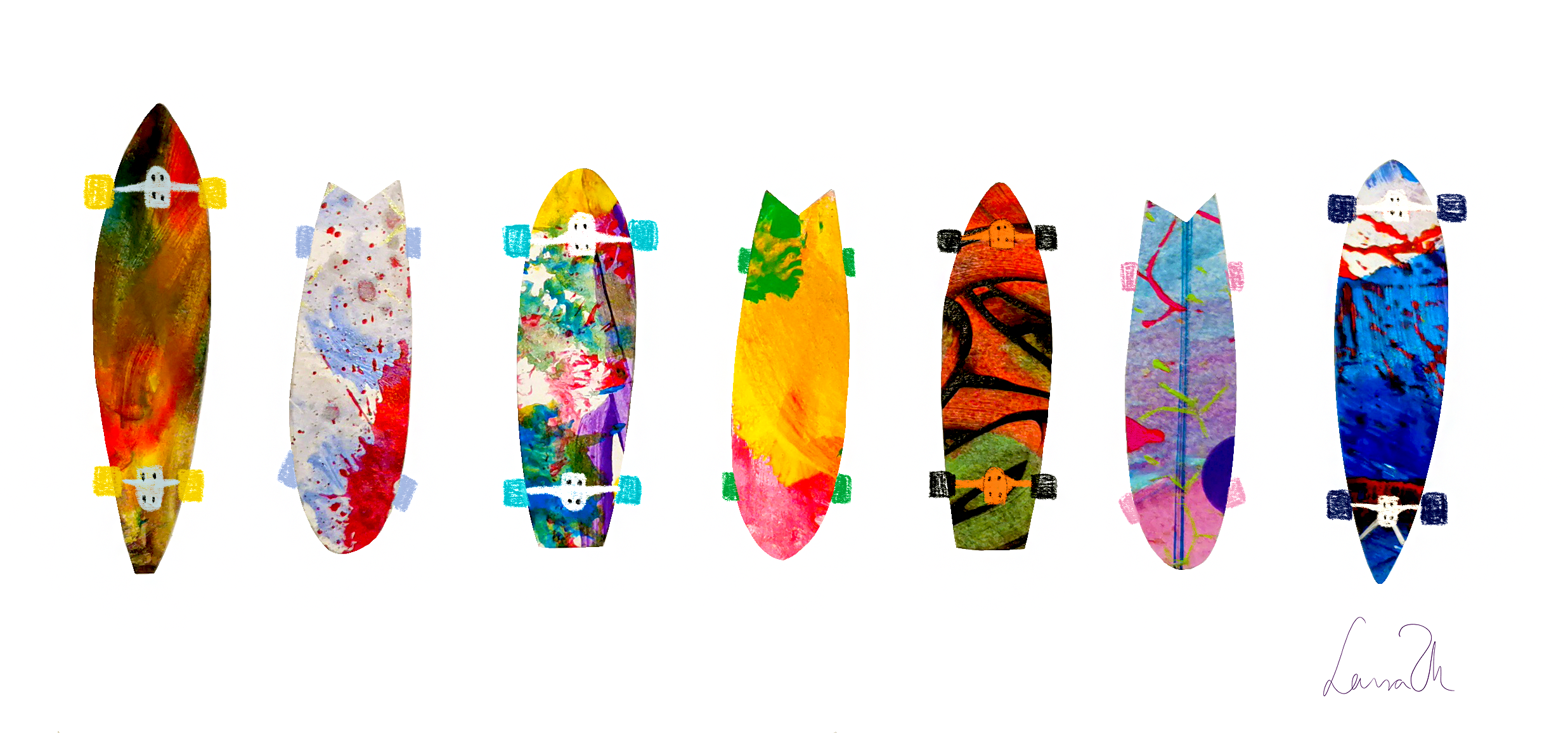 Seven colorful skateboards with abstract paint designs, arranged side by side on a white background.