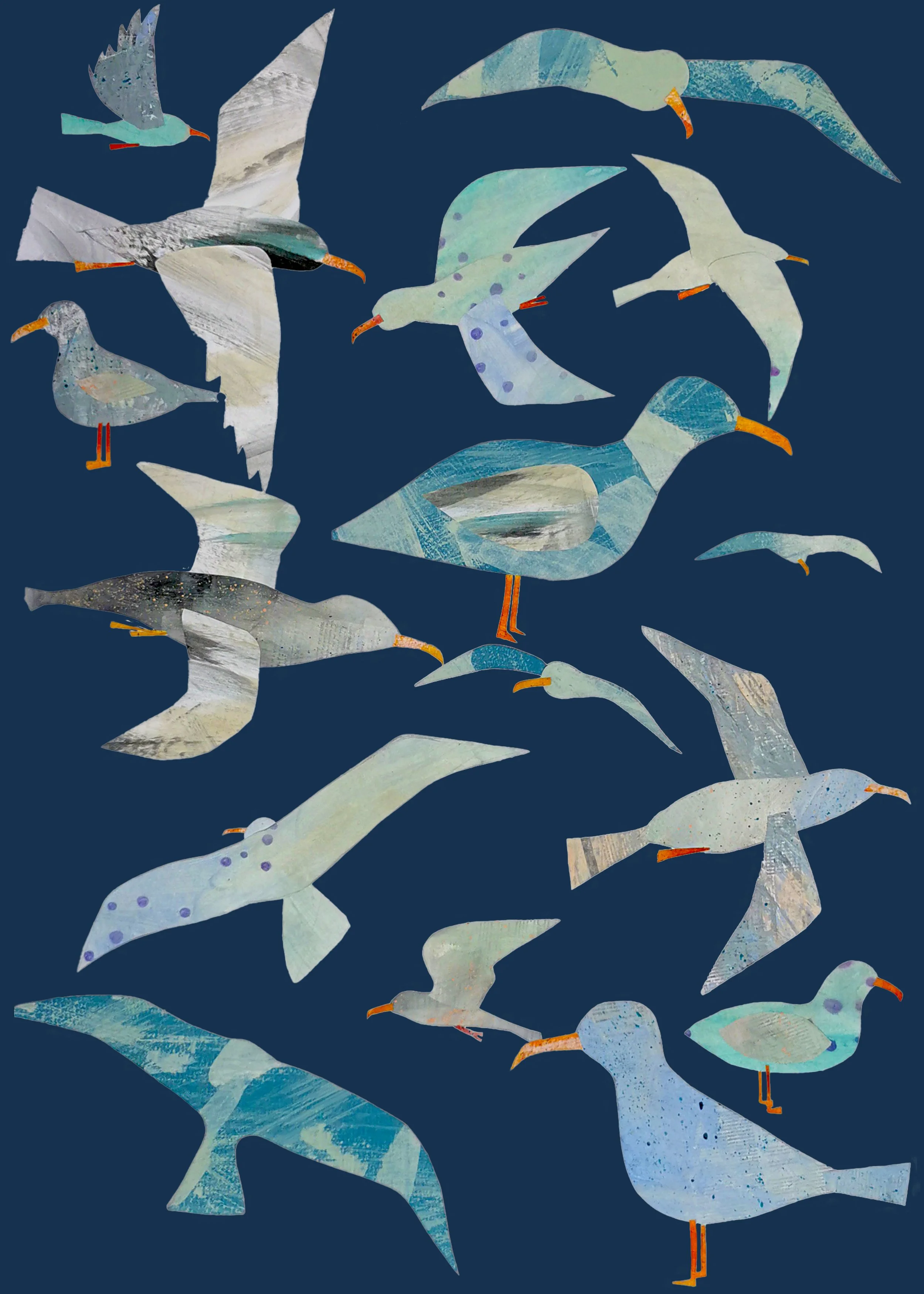 Collage of various illustrated seagulls in flight on a dark blue background.