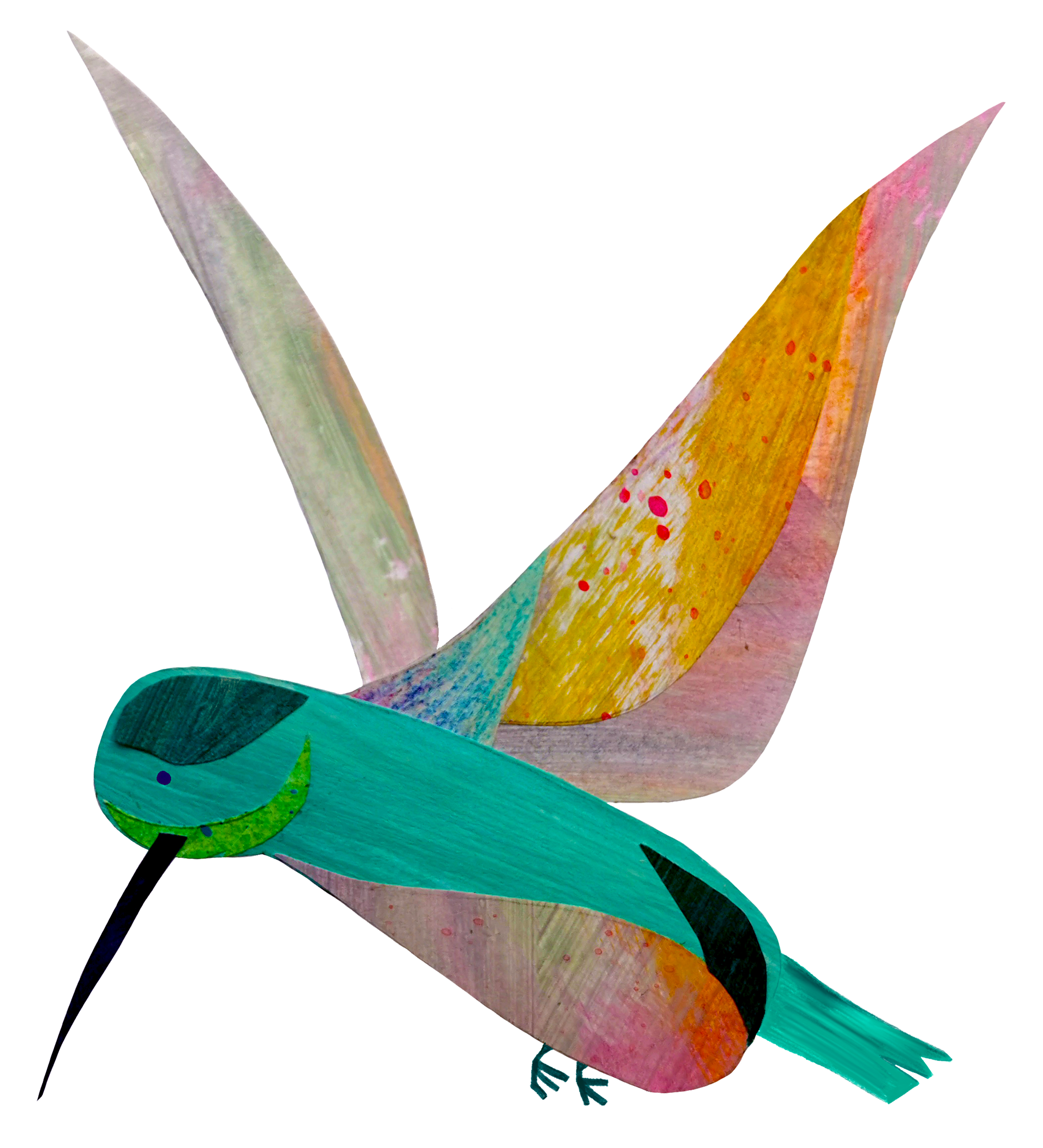 Colorful wooden bird sculpture with a teal body, black wing patches, a black beak, and red spots on the tail, positioned with wings spread and head facing to the side.
