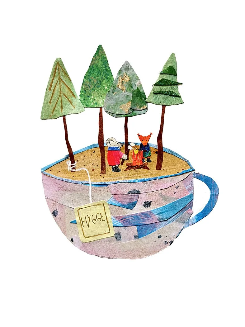 Collage-style artwork of a large teacup with trees, and three animals dressed in winter clothes inside, labeled with a tag that says 'HYGGE'.