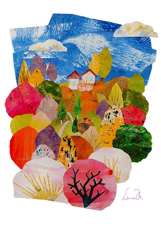 Colorful collage of a landscape scene with houses, trees, mountains, and a blue sky with clouds, featuring a variety of painted and cut paper elements.