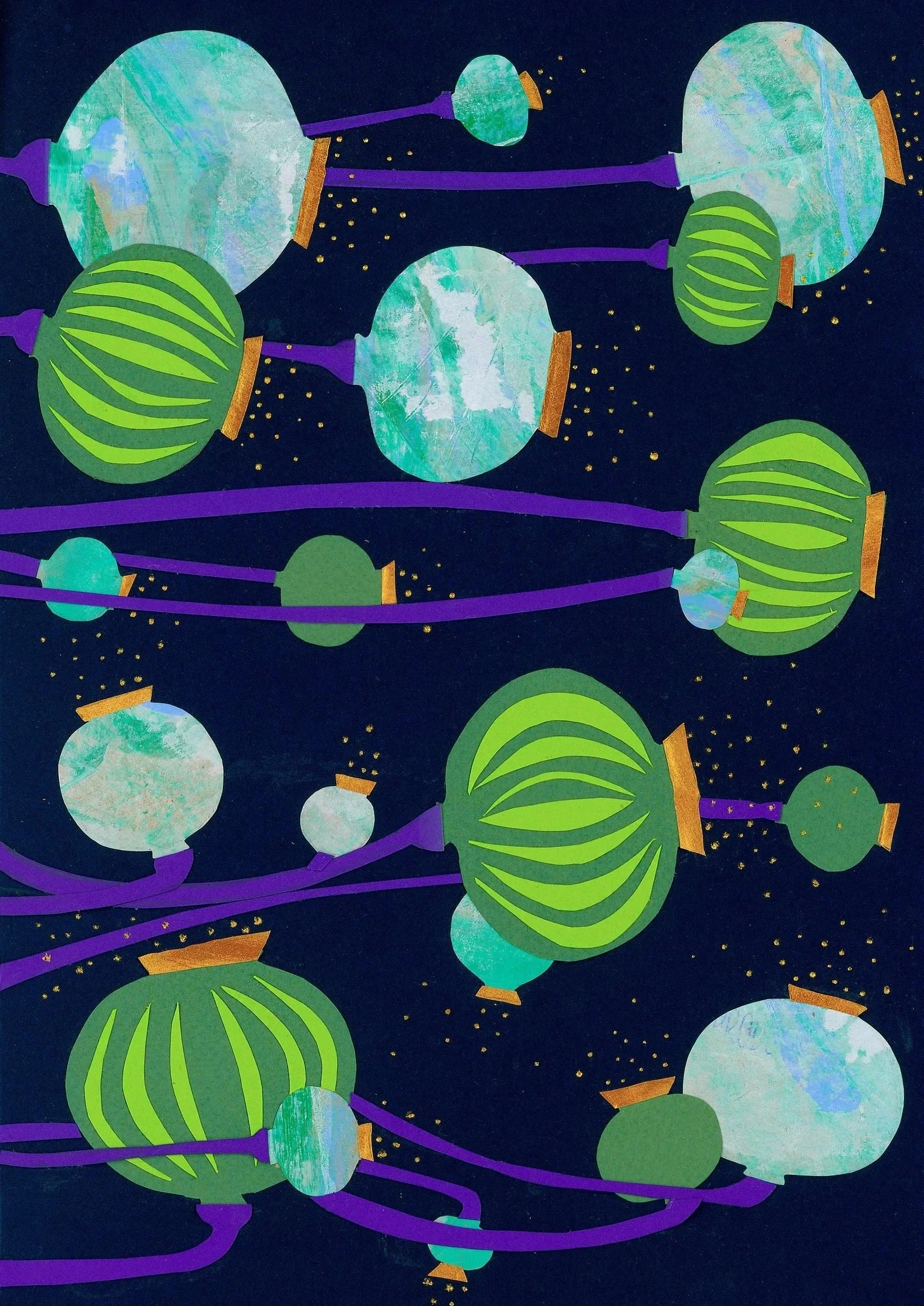 Abstract artwork depicting interconnected, glowing planets and celestial bodies in shades of green, blue, purple, and gold on a dark background.
