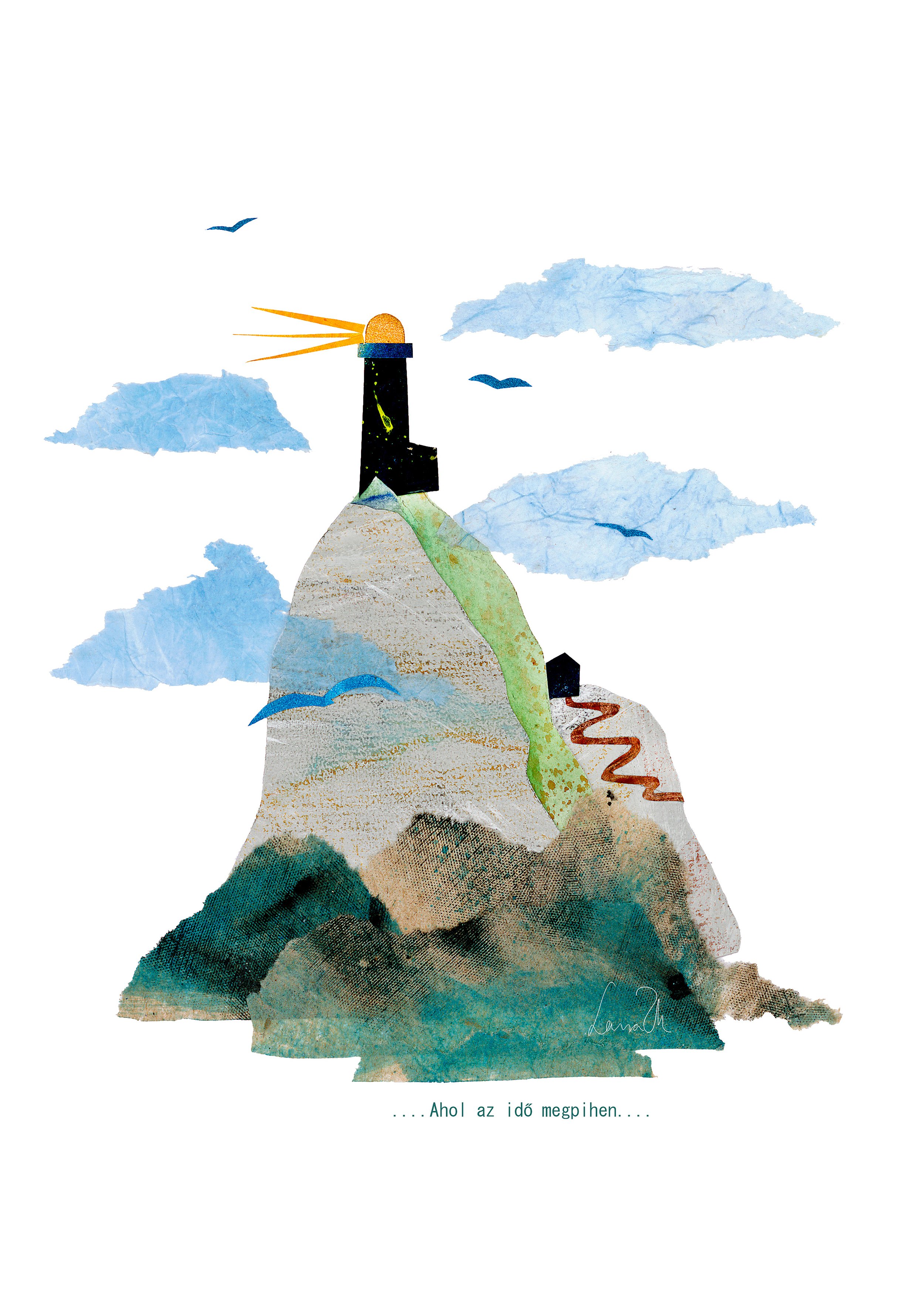 Illustration of a mountain with a lighthouse on top, sending out light beams, surrounded by blue clouds and birds, with Hungarian text at the bottom that reads 'Ahol az idő megbíen'.