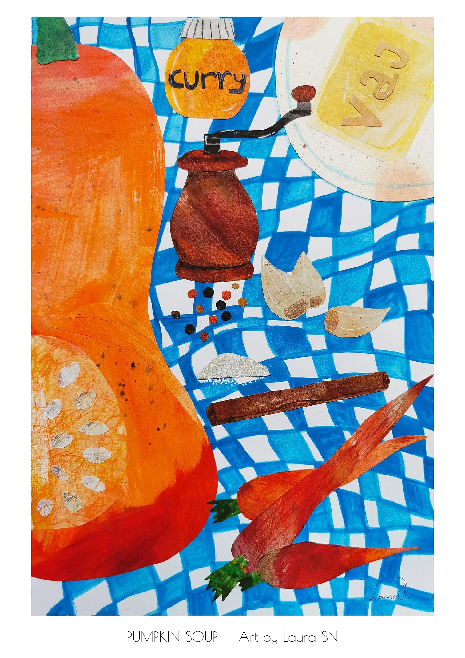 Watercolor painting of ingredients for pumpkin soup, including a large pumpkin, carrots, garlic, spices, and seasonings on a blue checkered tablecloth.