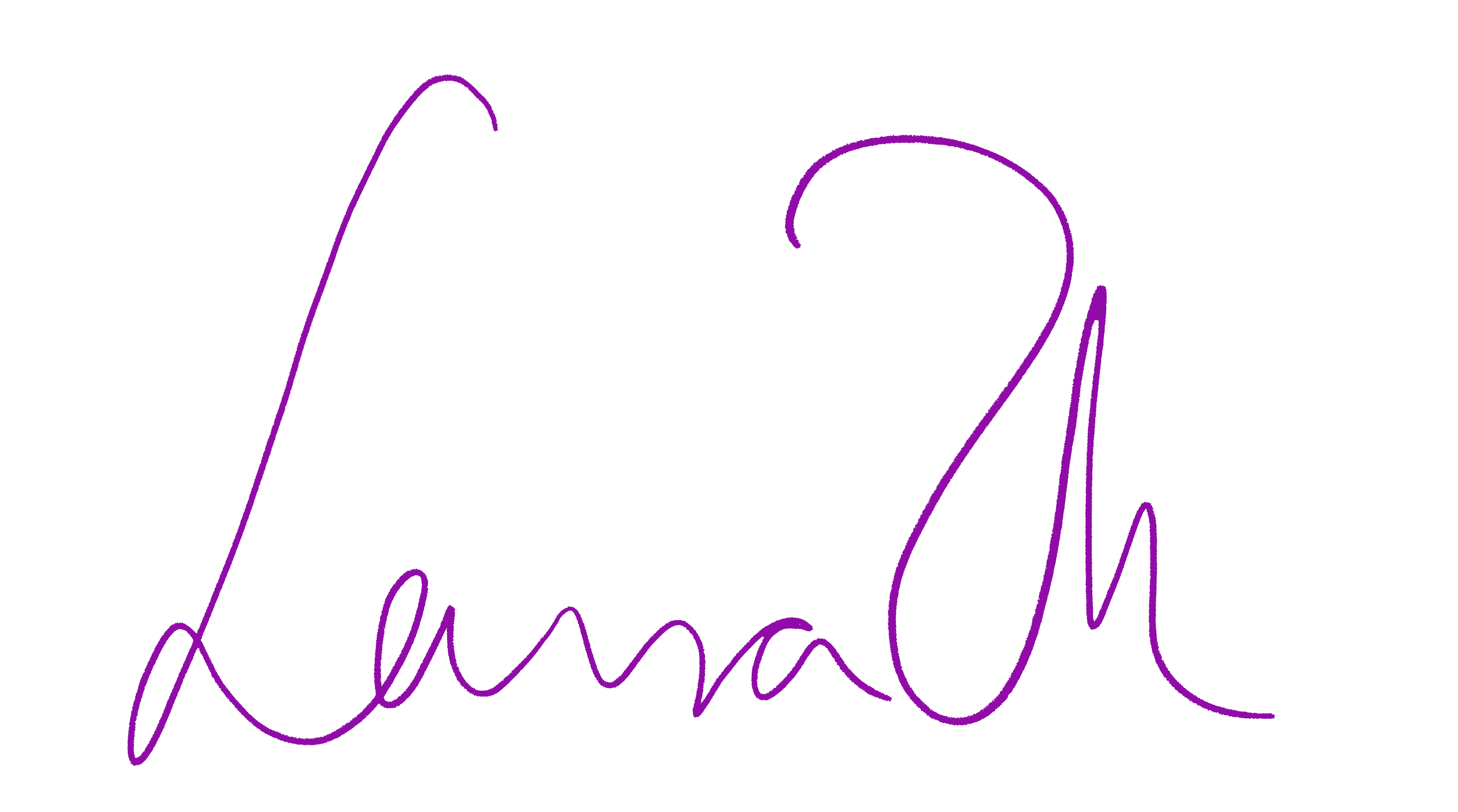 Purple cursive signature on a black background.