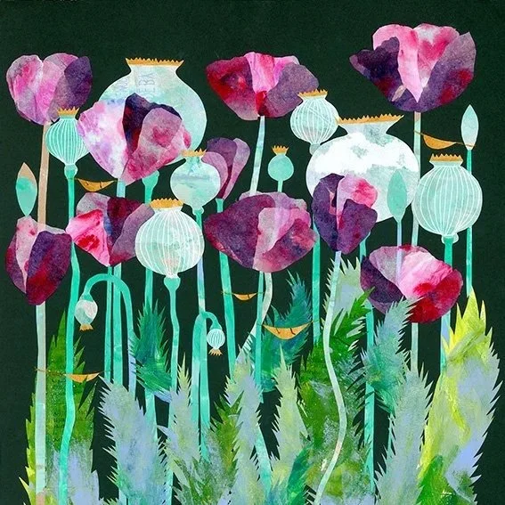 A digital painting of tall poppy flowers and lanterns against a dark green background, featuring pink, purple, and white flowers with green stems and leaves, stylized and abstract in appearance.