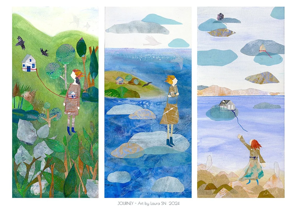 Three watercolor-style illustrations of women in different natural landscapes: a woman in a green hilly area with trees and a house, a woman on rocks by the ocean with clouds overhead, and a woman on rocks near the water with clouds above, all connected by a theme of journey.