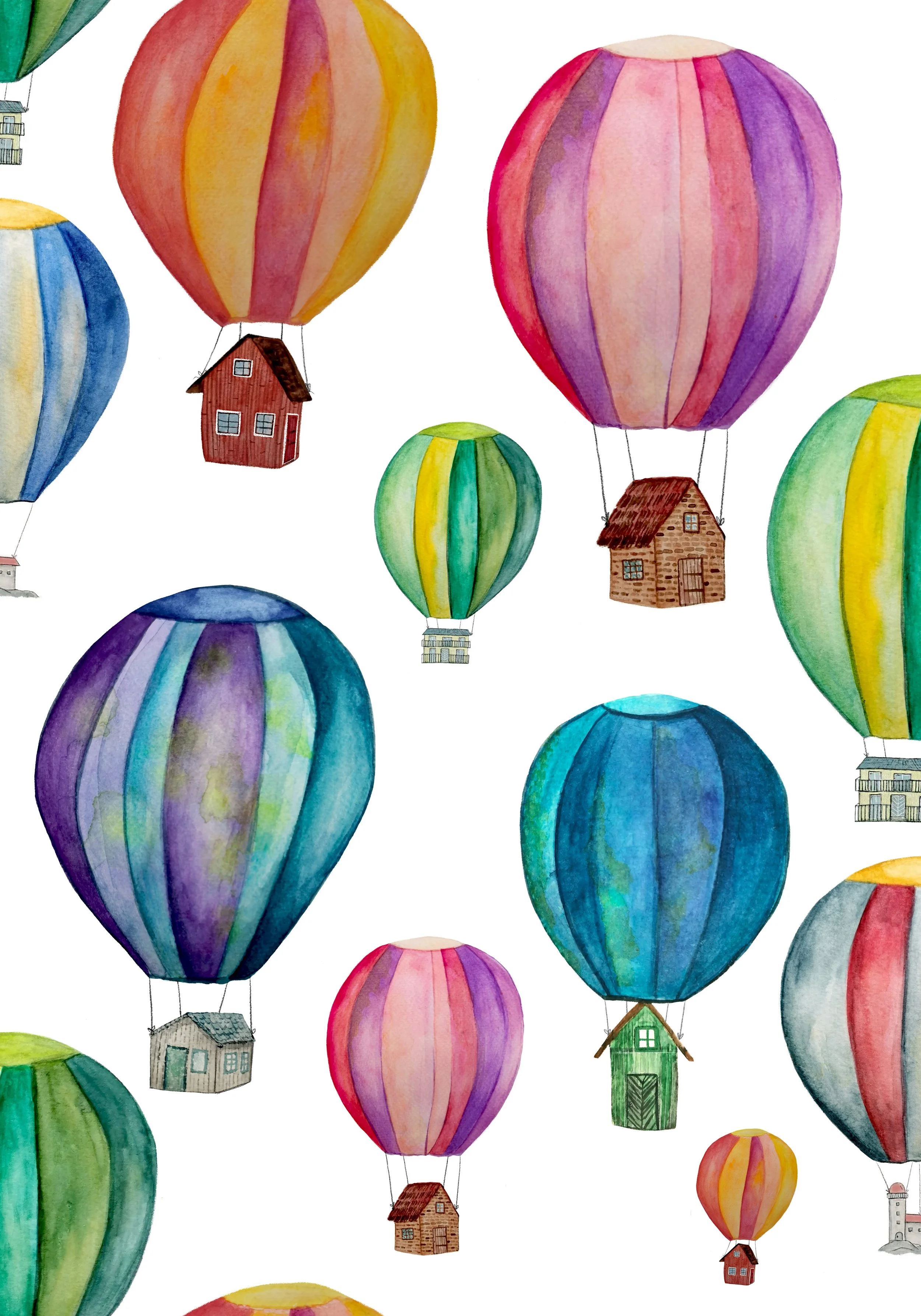 Watercolor illustration of colorful hot air balloons with small houses hanging beneath them, floating in white space.