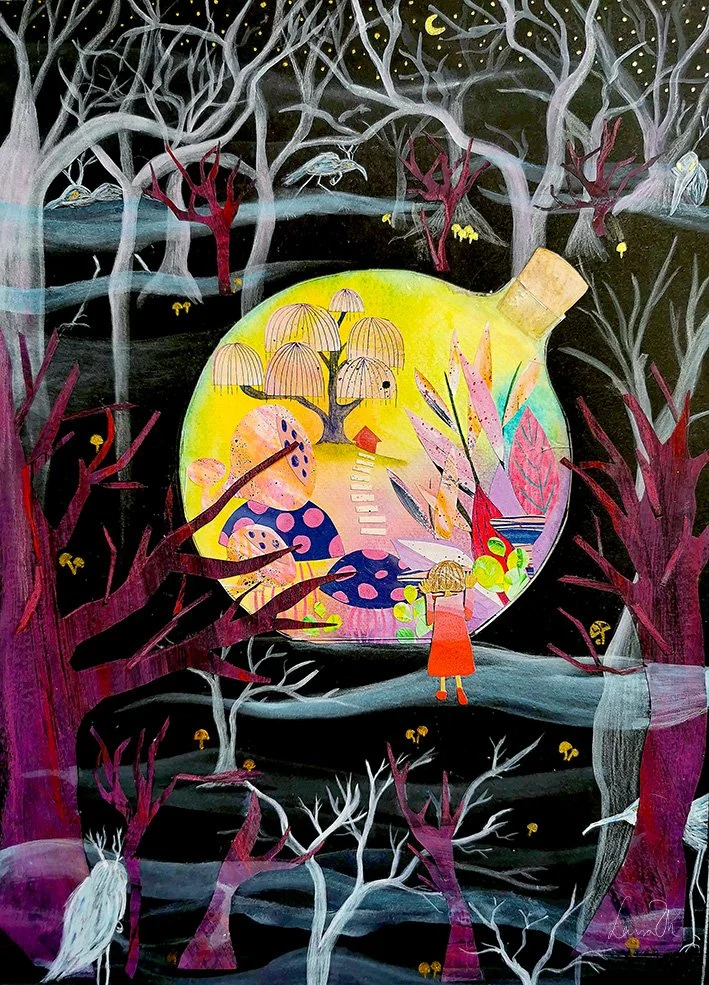 A glass between - fantasy collage illustration of a little girl abandoned in a dark forest.