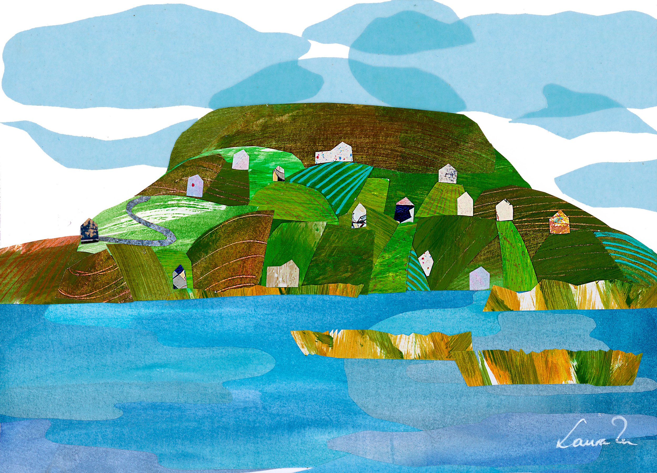 A colorful collage of a hilly island with small houses, trees, and a winding path, surrounded by blue water and sky.