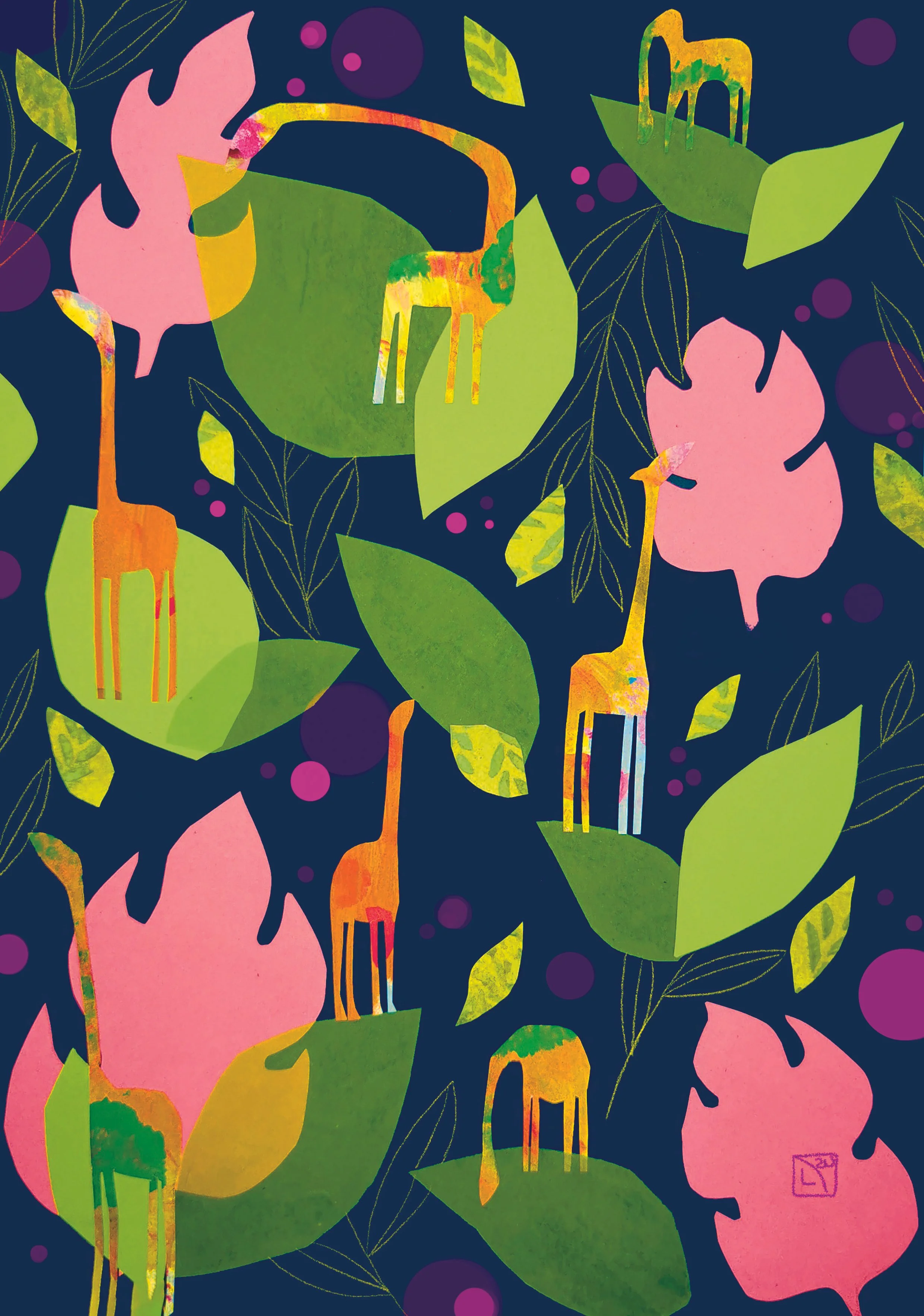 Colorful illustration of pink and green leaves with yellow and orange giraffes, set against a dark blue background with purple dots and leaf outlines.