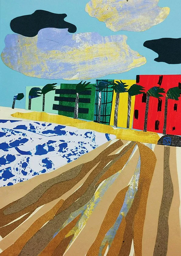 A colorful collage of a coastal scene of Gibraltar.