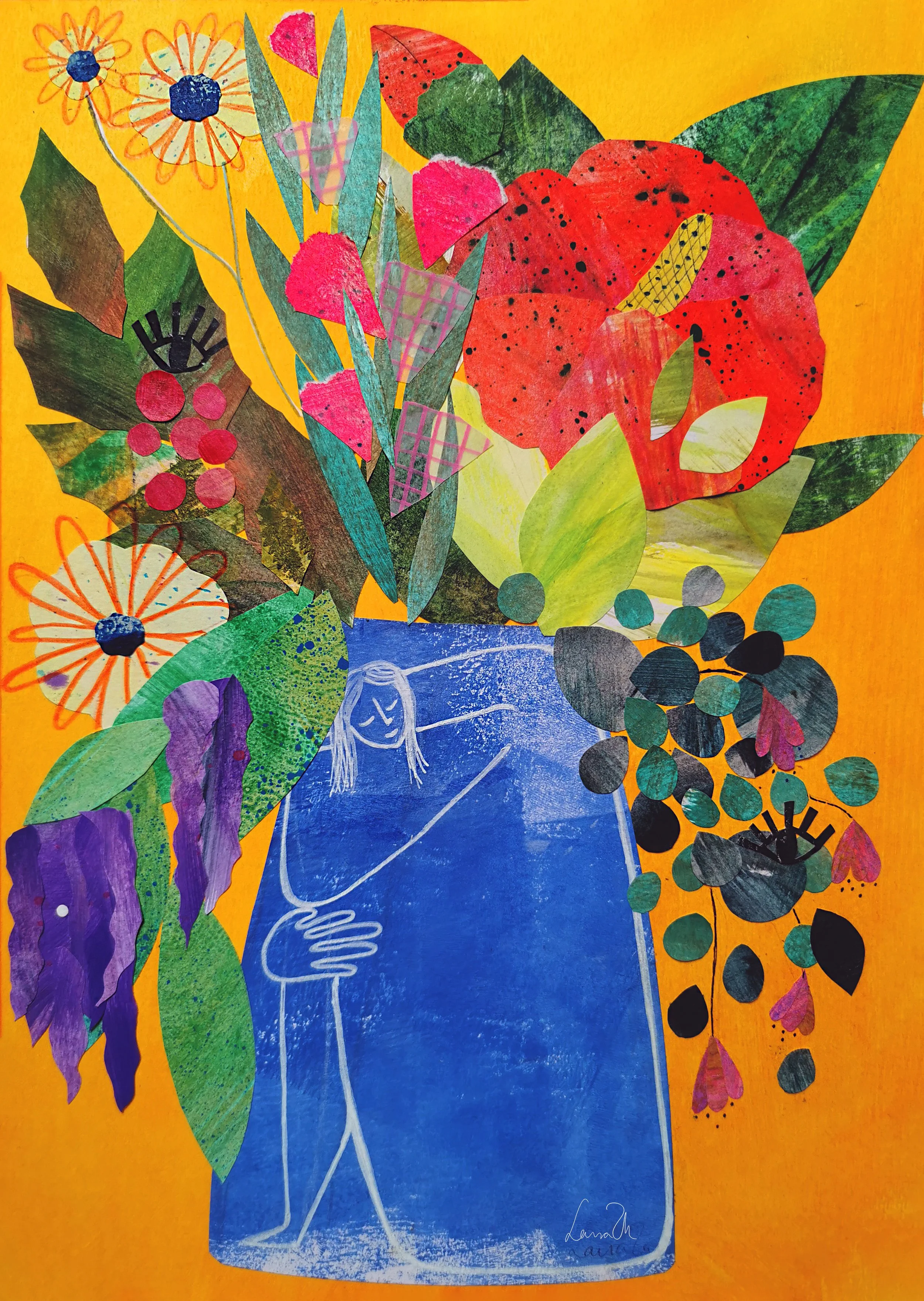 A mixed media collage artwork depicting a person with long hair in a blue dress, holding a bouquet of colorful flowers and leaves against a yellow background.