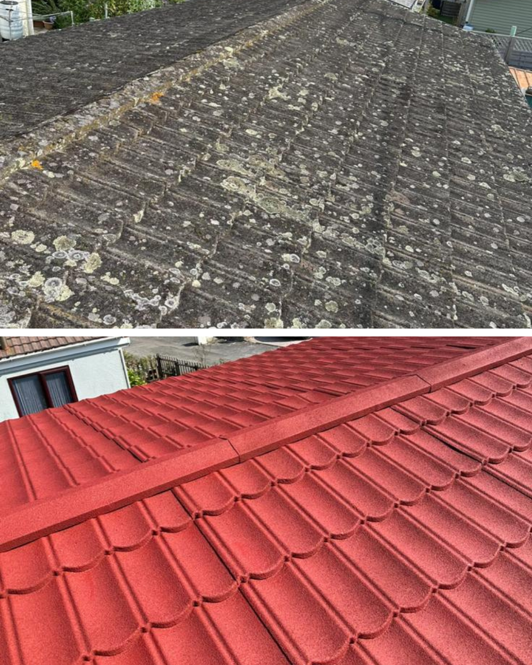 Red clay roof tiles installed on a roof with underlayment visible in the foreground, overlooking a community of park homes, greenery, and a blue sky with clouds.