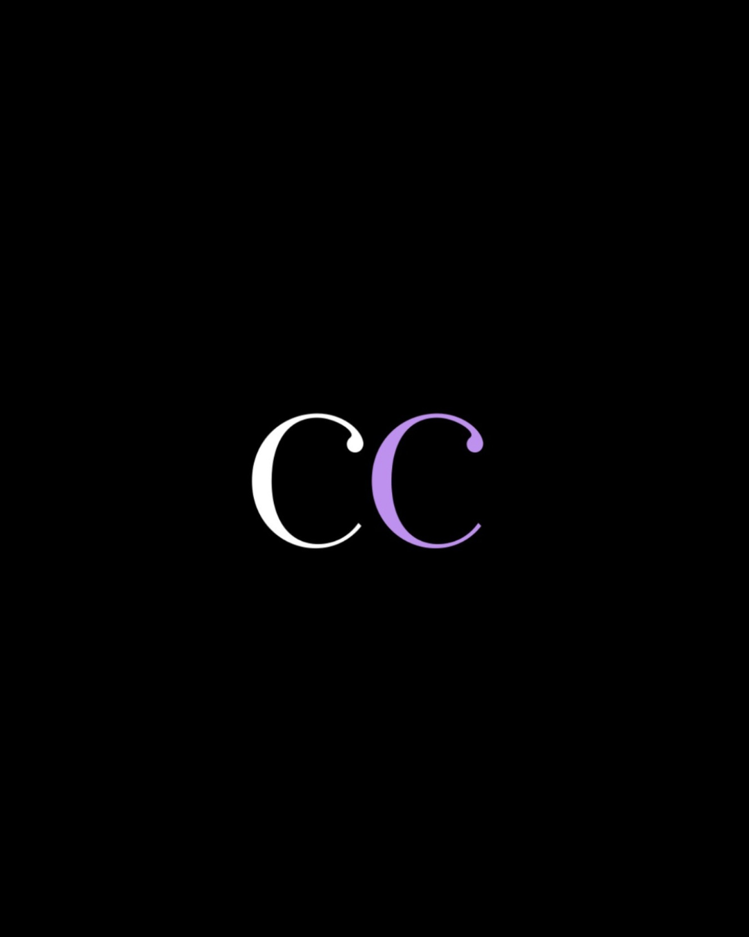 Black background with two large stylized letter C's, one white and one purple, in the center.