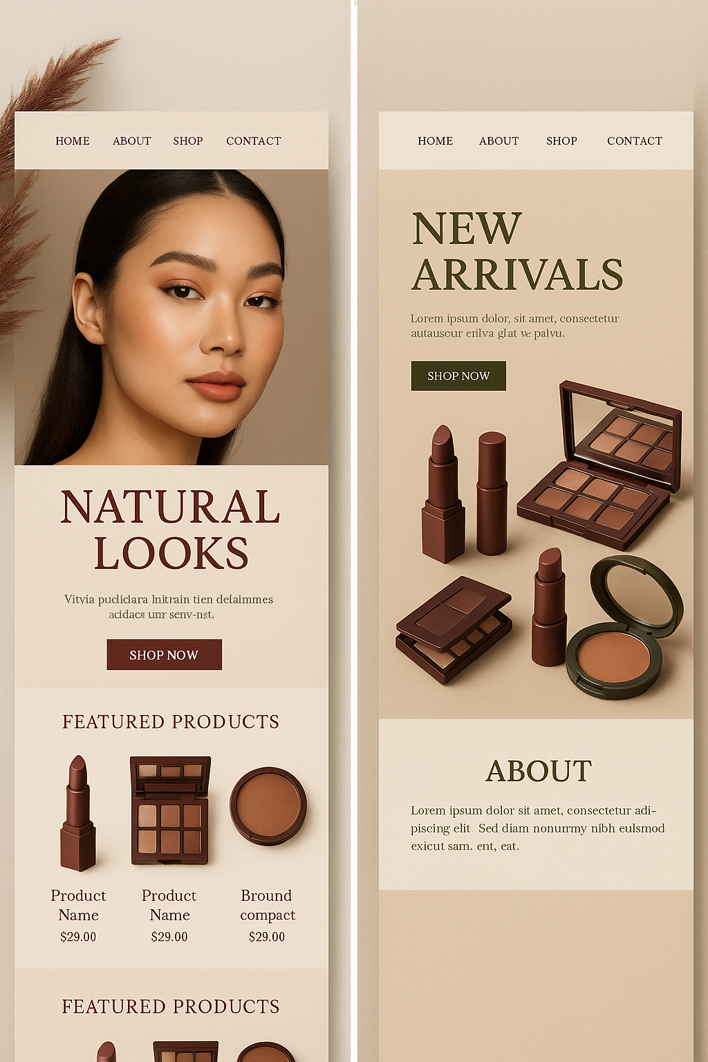 Two promotional beauty and makeup product advertisements. The left features a woman with natural makeup, with text promoting natural looks and displaying featured products such as lipstick, eyeshadow, and blush. The right showcases makeup products like eyeshadows, lipsticks, and blush, with text about new arrivals and an about section.