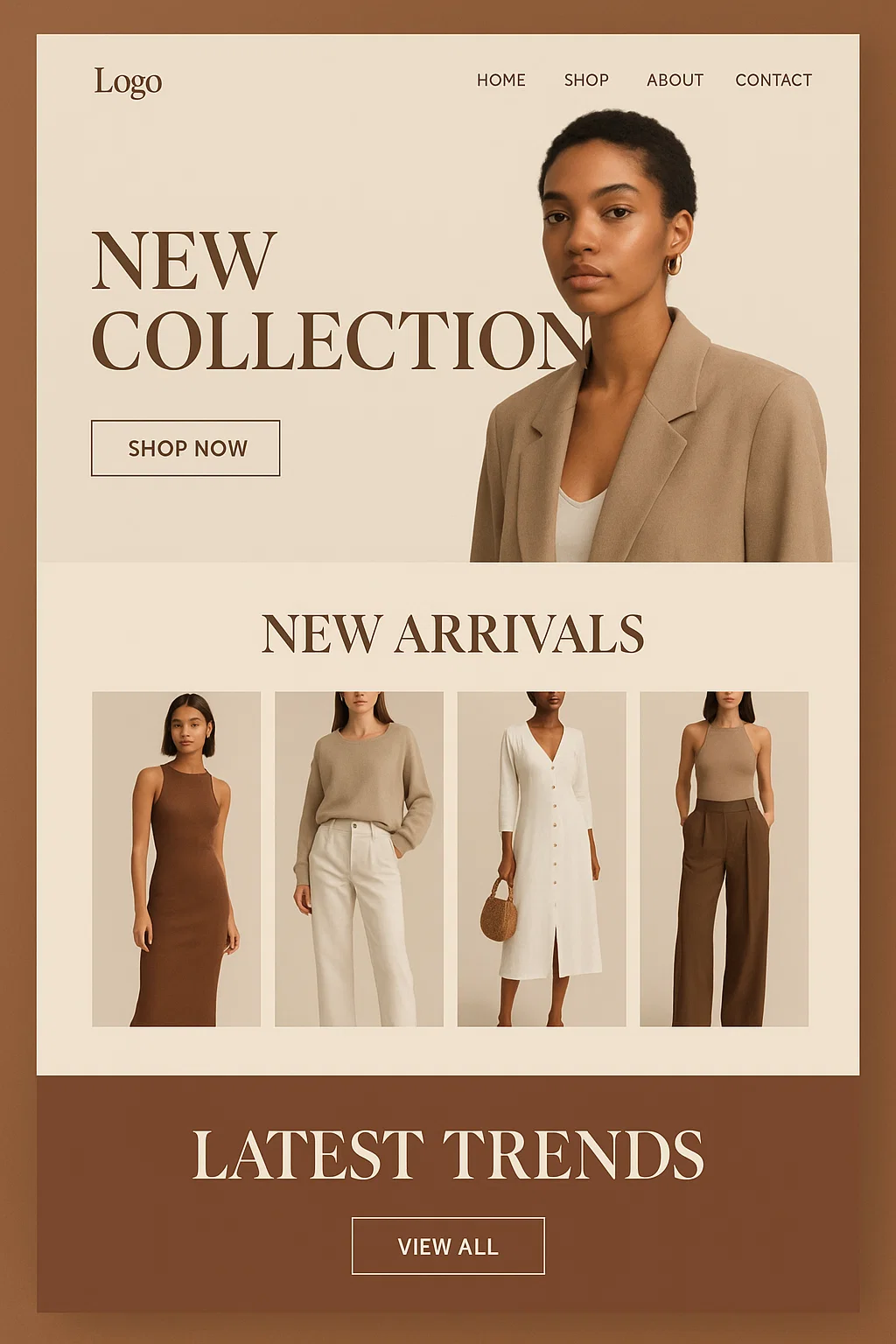 Fashion website homepage with a woman in a beige blazer, promoting a new collection, featuring models in neutral-toned outfits.