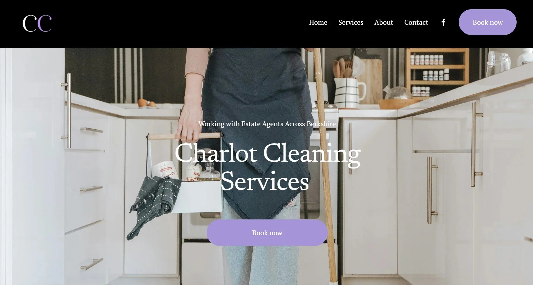 Homepage of Charlotte Cleaning Services website featuring a person holding a cleaning caddy in a kitchen, with a black top and purple call-to-action button reading 'Book now'.