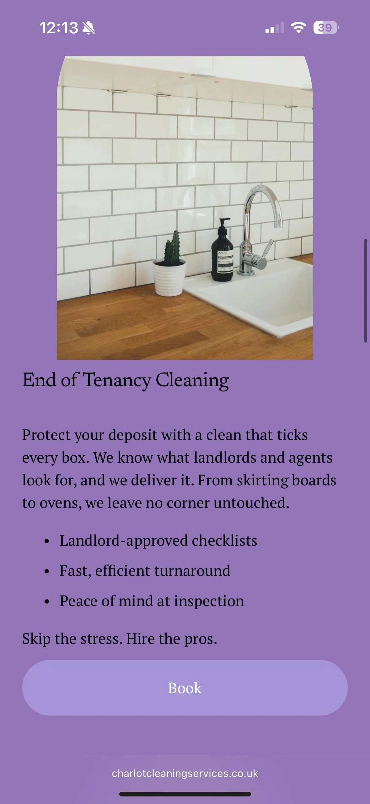 A promotional flyer for end-of-tenancy cleaning services. The flyer features an image of a clean kitchen sink with a potted cactus and a black soap dispenser. The text describes the cleanings as comprehensive, thorough, and approved by landlords, emphasizing efficiency, peace of mind, and professionalism.