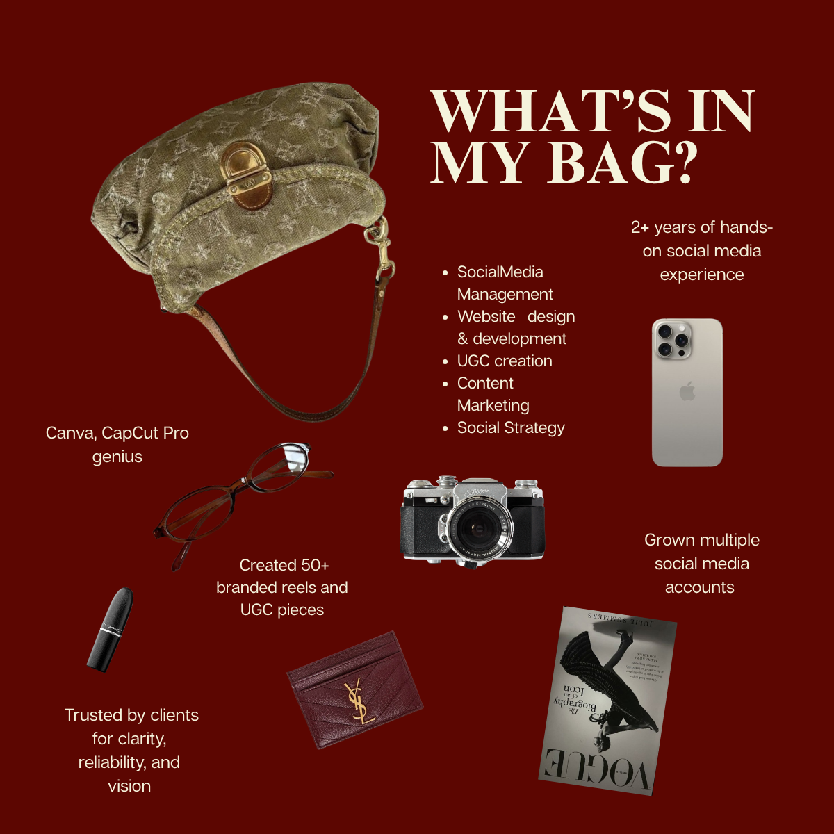 Image showing a bag, glasses, lipstick, camera, wallet, and phone with text about social media management and branding, set against a dark red background.