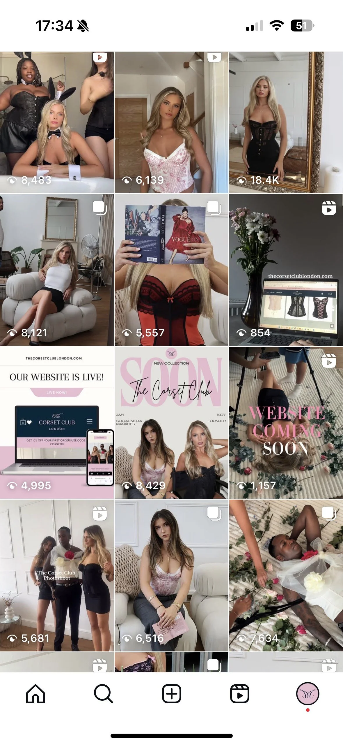 A collage of women modeling lingerie, casual outfits, and promotional images for the Corset Club.