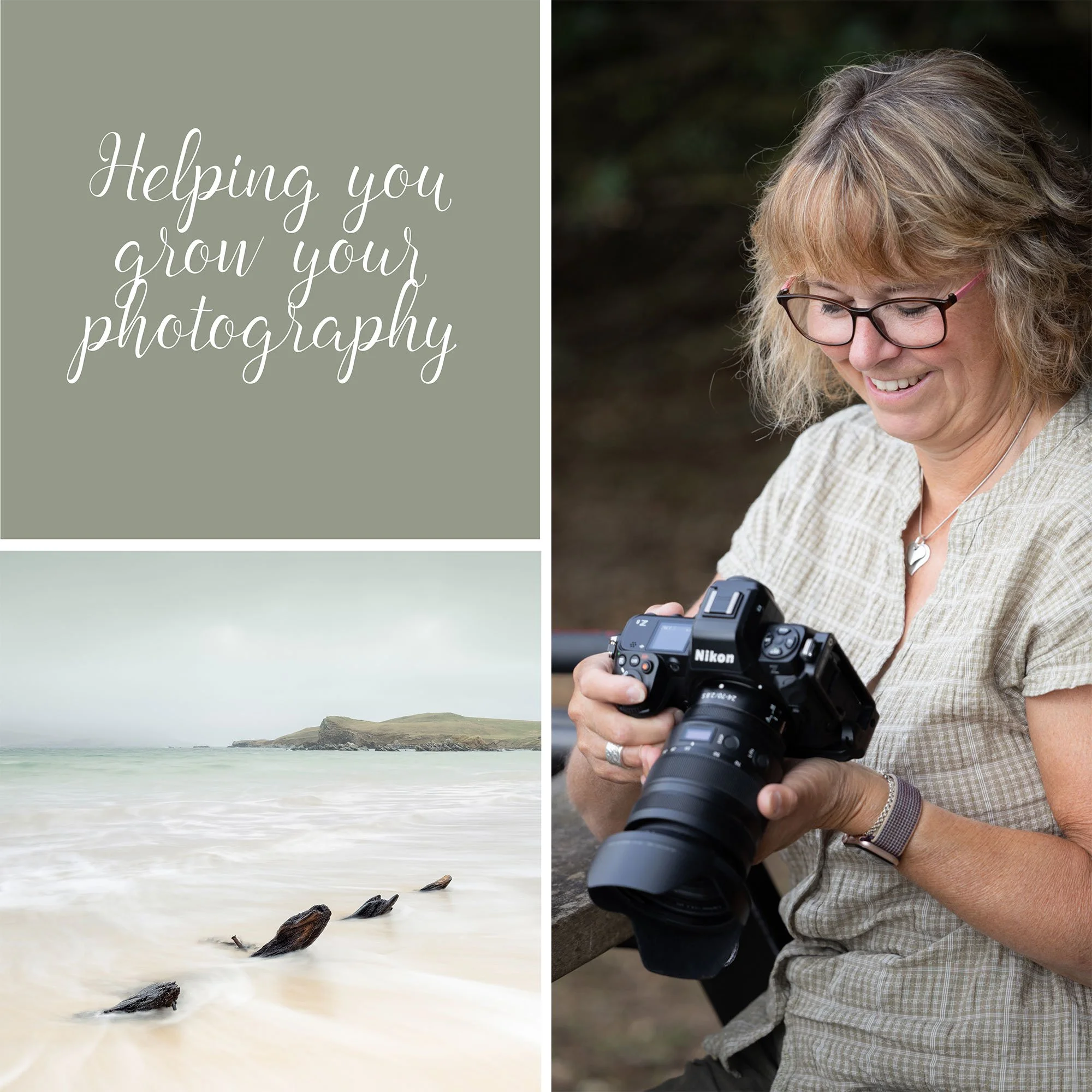 A woman with glasses and a necklace holding a Nikon camera, smiling and looking at her camera. Next to her, a lake scene with rocks in the water and hills in the background, and a text box that says 'Helping you grow your photography'.