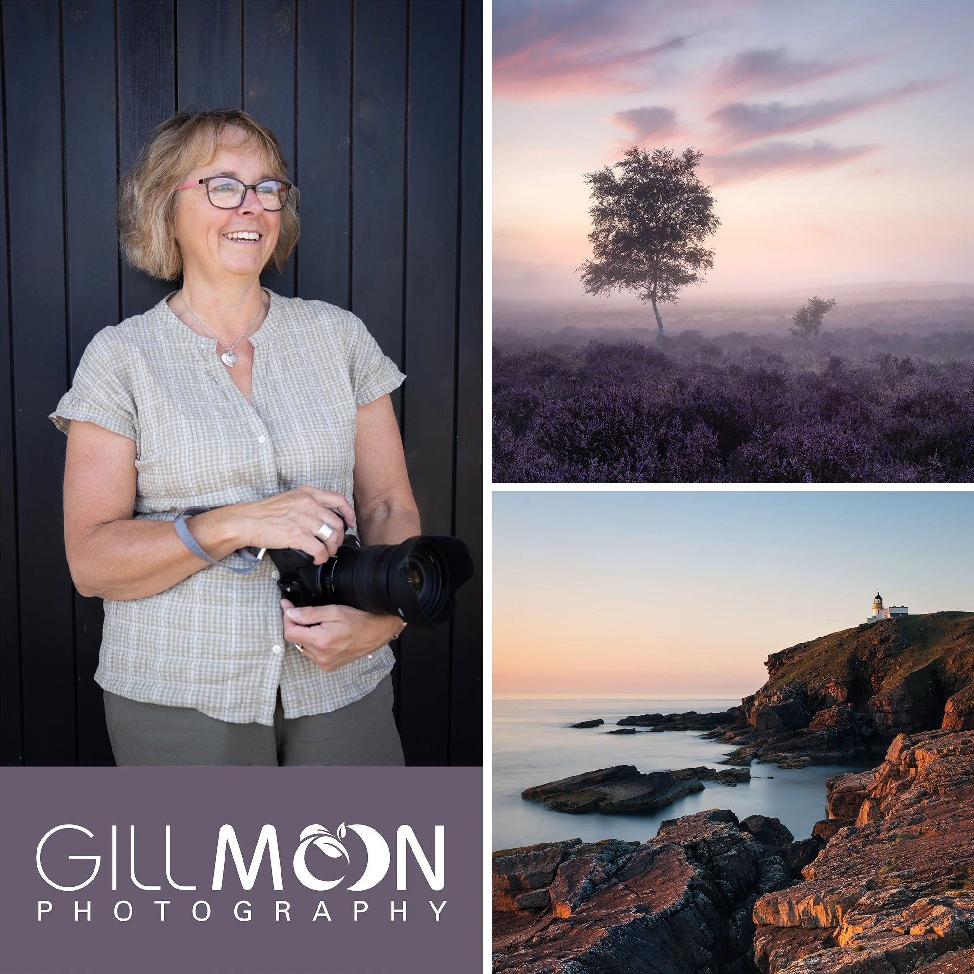 A woman holding a camera, standing against a dark wood background, with two landscape photographs of a tree in a field and a rocky coastline with a lighthouse at sunset, and a logo for Gill Moon Photography.