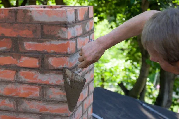 A person is pointing at a brick chimney, possibly doing some work or inspection outdoors.