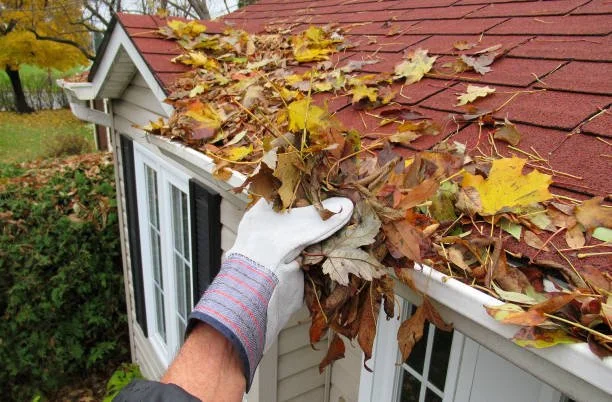 A person wearing a glove is removing fallen autumn leaves from the edge of a house's roof gutter.