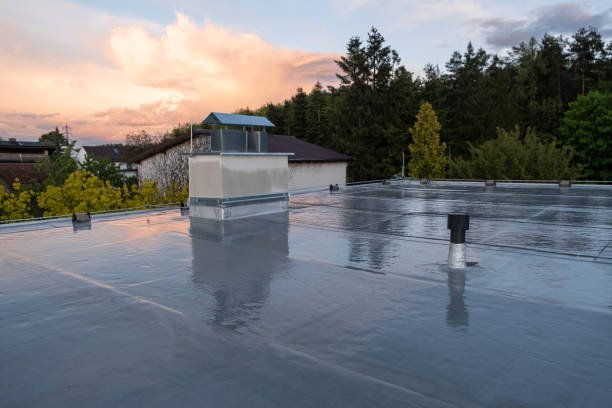 View of a building rooftop with a reflective metal covering, vent pipes, a chimney, and trees in the background during sunset.
