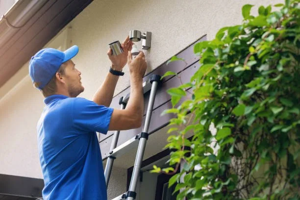 A man in a blue shirt and cap installing a security camera on an outdoor wall.