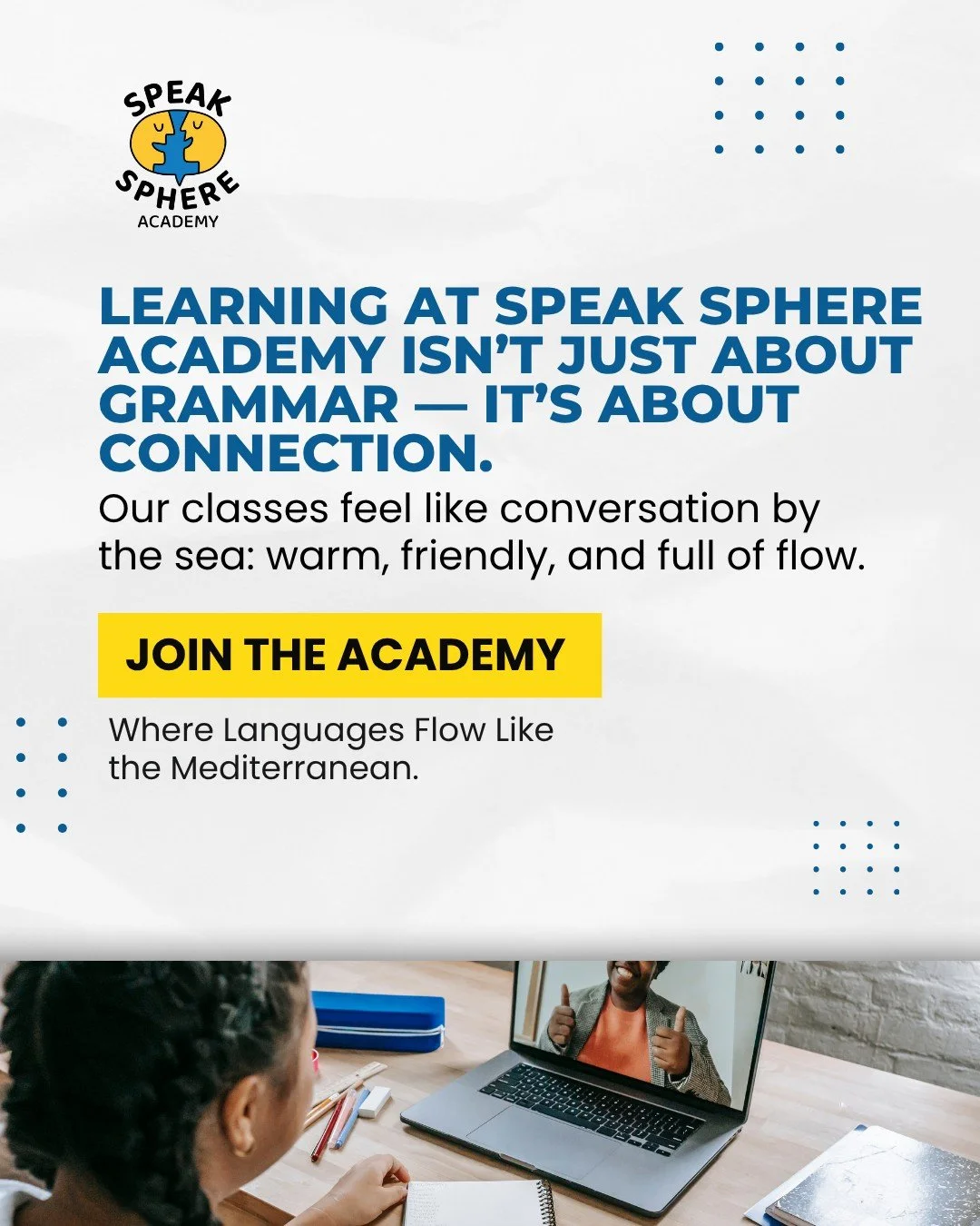 Warm, calm, friendly learning &mdash; like a chat by the sea 🌊☀️
 Language flows here, naturally and confidently.

 #MediterraneanVibes #CalmLearning #WarmCommunity #LearnNaturally #FeelTheFlow 🌊🤍✨