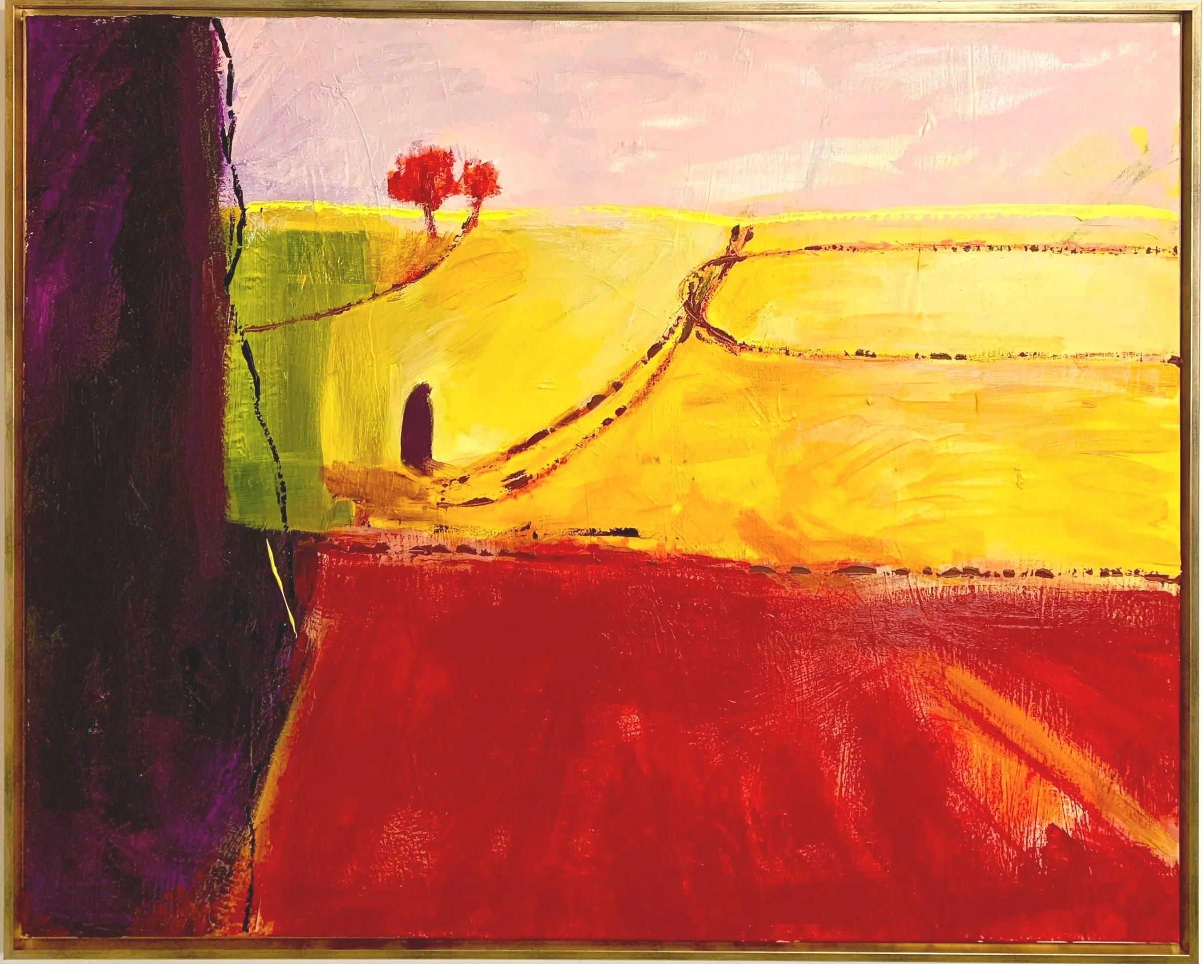 Avebury minor 9th i. 2026. Acrylic, oil, oil stick on canvas. Unframed: 101.3 x 127 x 1.5
Framed: 105.5 x 131 x 3.5cm. Frame: distressed gold, wooden floating frame.