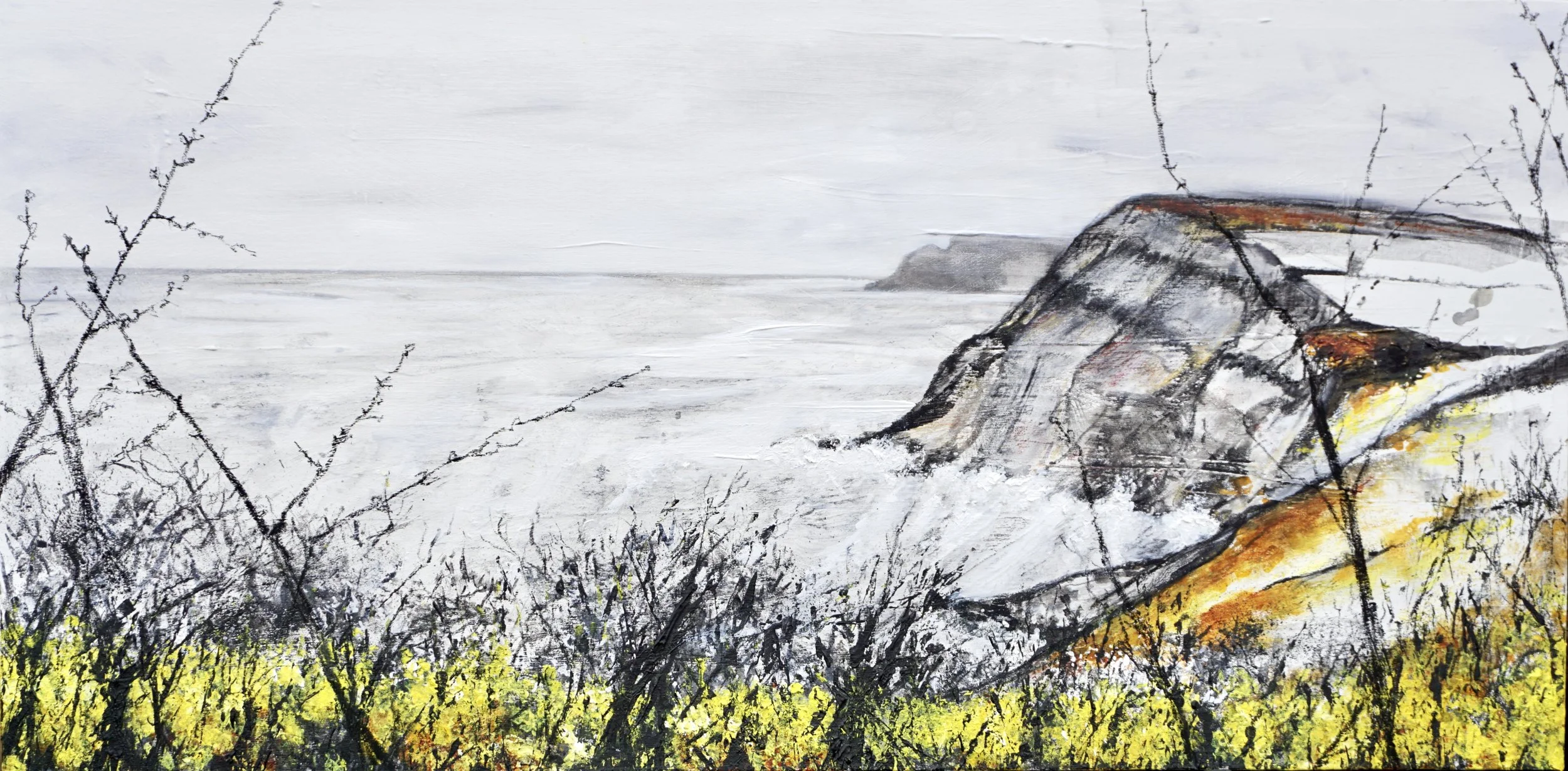 Port Mulgrave North Yorkshire, 2025. Acrylic, oil paint, oil pastel, charcoal, ink & wax resist on canvas - 50 x 100 x 4cm