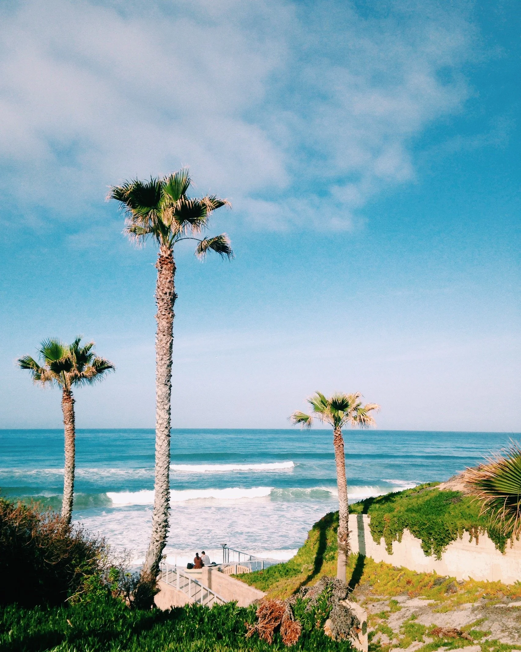 Beach scene with three palm trees, ocean waves, and a couple sitting on a staircase near the shore.