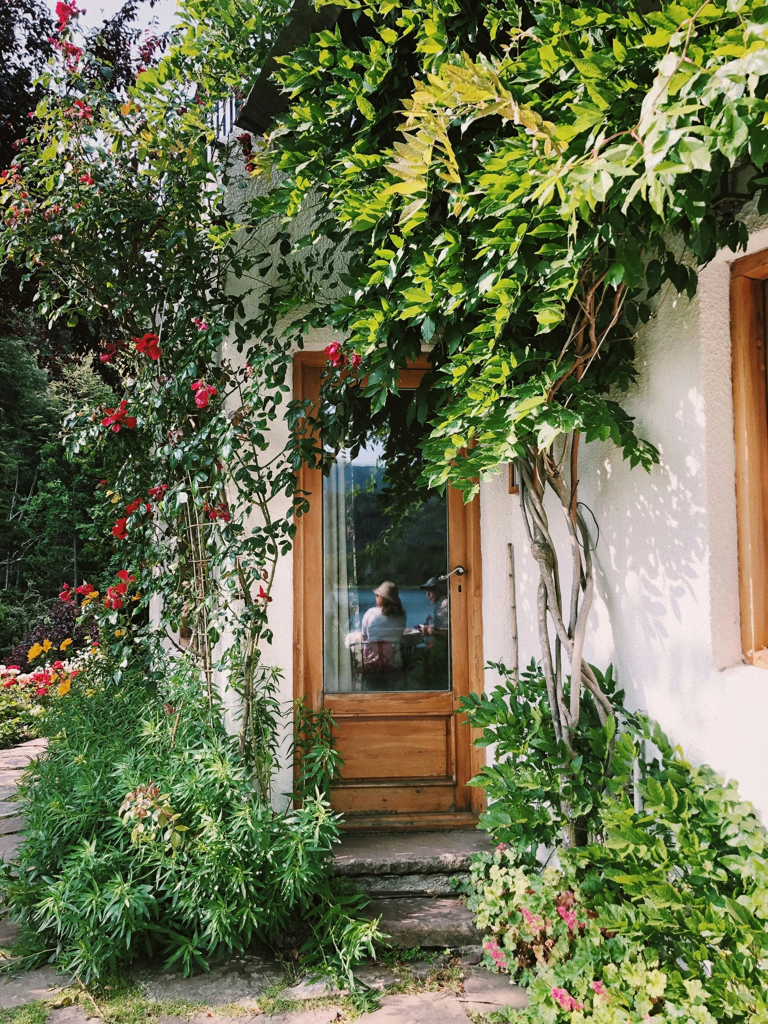 A charming house with a wooden door surrounded by lush green plants and flowering bushes, with two people visible through the glass in the door.