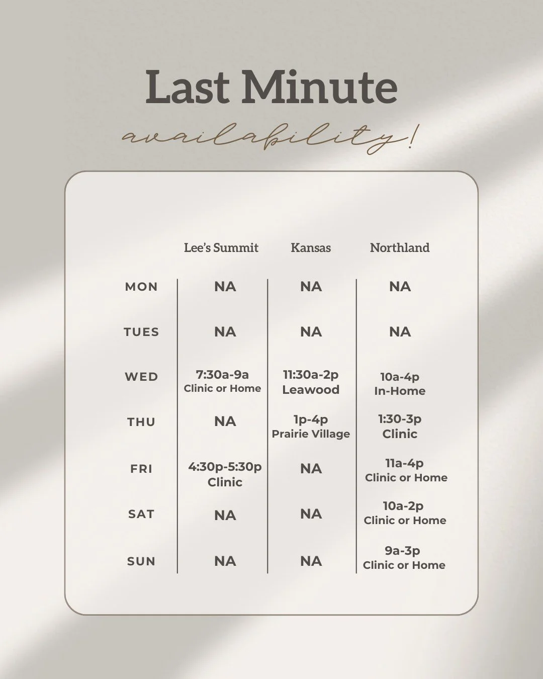 🚨 URGENT OPENINGS AVAILABLE THIS WEEK! 🚨

Our schedules are full, full, FULL 😅
BUT &mdash; we have a few amazing LCs with limited in-person availability ✨

💻 Plenty of virtual appointments available, perfect for all the sickness floating around r