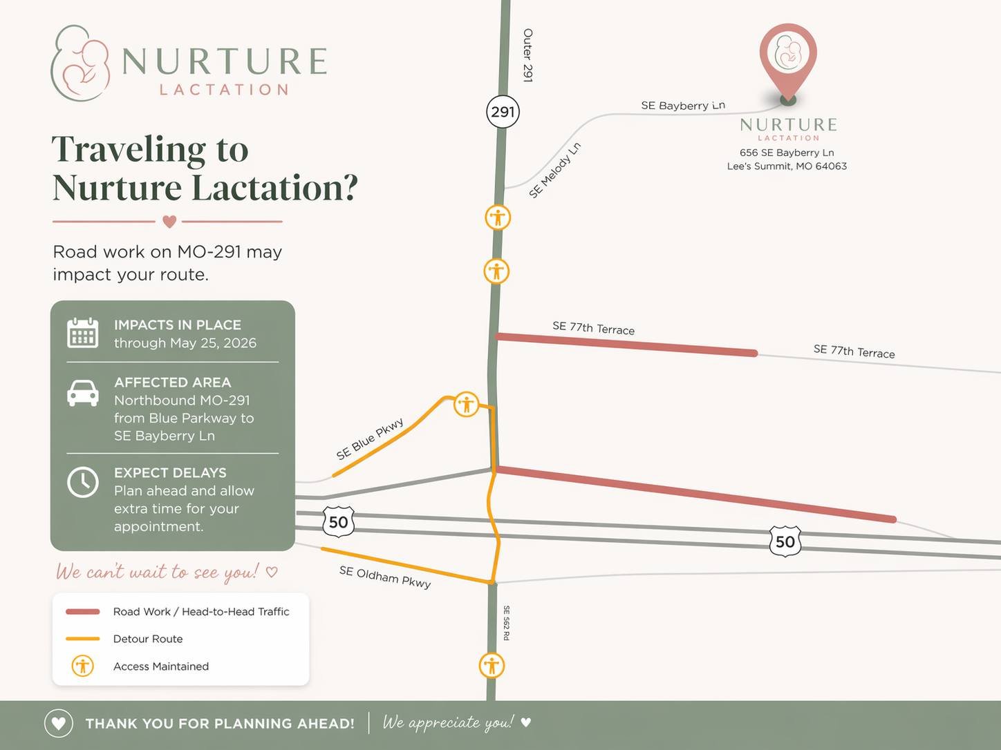 🚧 Travel Notice for Our Families Visiting the Clinic 🚧

If you have an upcoming appointment with us at 656 SE Bayberry Ln, Lee&rsquo;s Summit, please allow extra travel time.

Current roadwork at the MO-291/U.S. 50 interchange is causing major traf