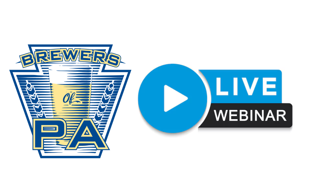 Logo for the Brewers of Pennsylvania with a glass of beer, and a blue play button icon indicating a live webinar.