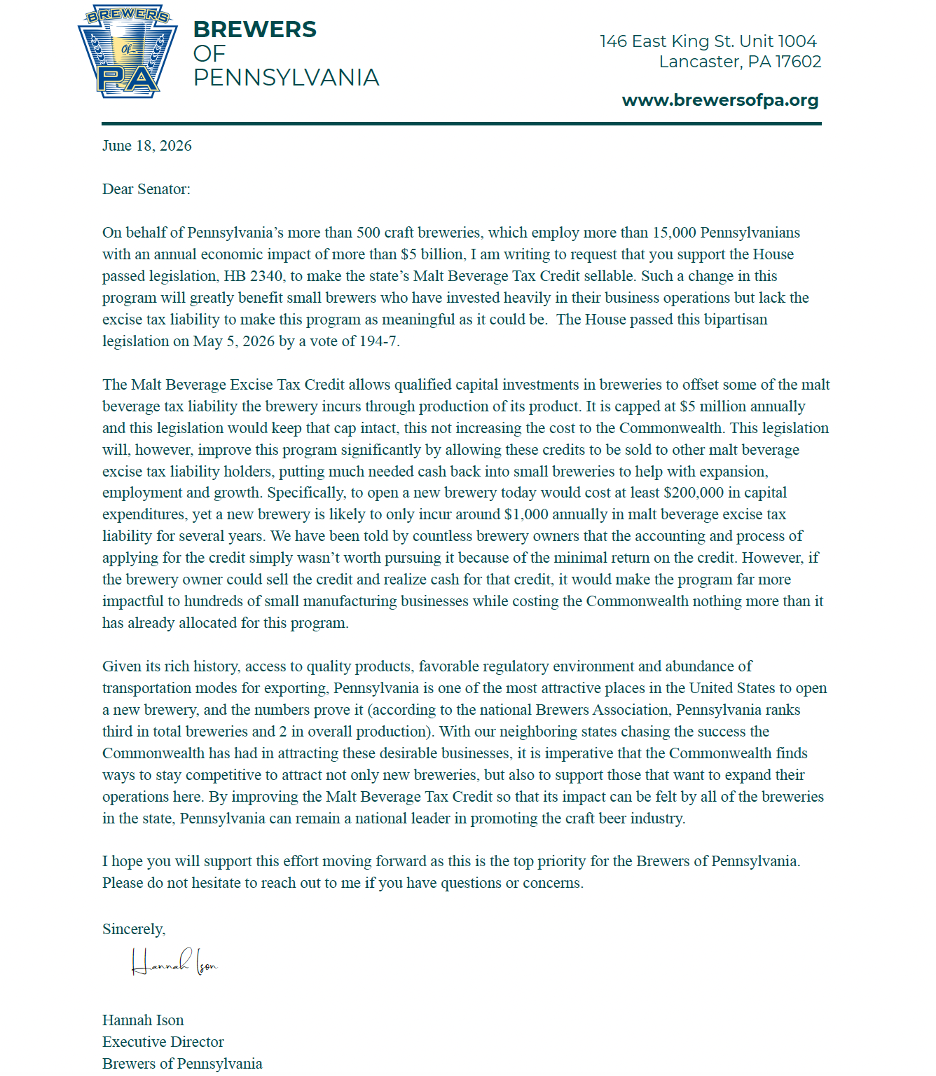 PA Brewers Ask Senators to Support HB 2340