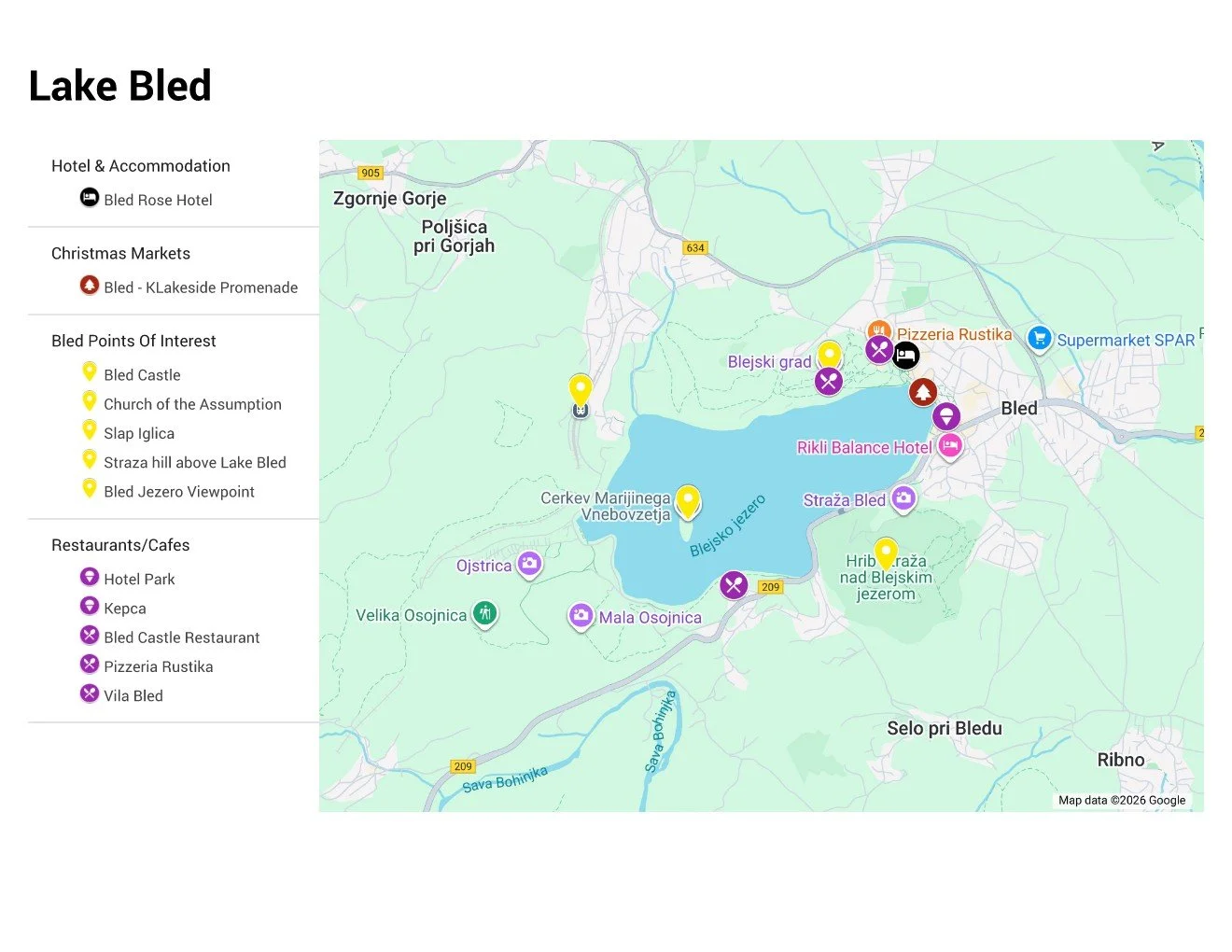 Map of Lake Bled showing hotels, Christmas markets, points of interest, and restaurants in the area.
